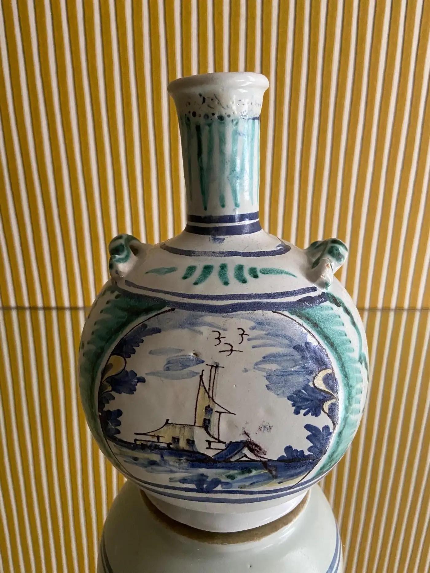 18th Century and Earlier Antique Handcrafted Ceramic Bottle Vase in Blue and Green, France, 18th Century For Sale