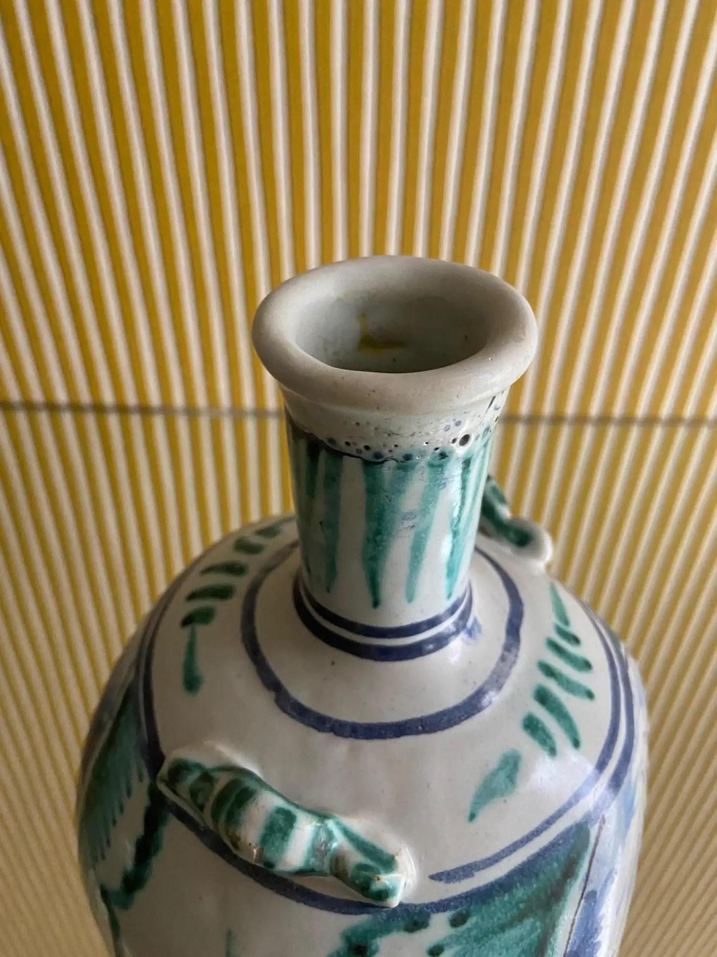Antique Handcrafted Ceramic Bottle Vase in Blue and Green, France, 18th Century For Sale 2