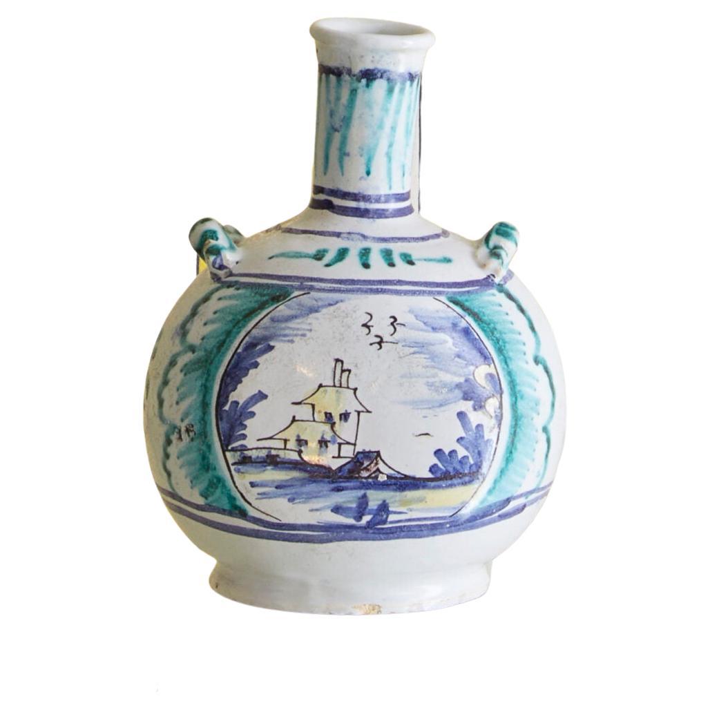 Antique Handcrafted Ceramic Bottle Vase in Blue and Green, France, 18th Century For Sale