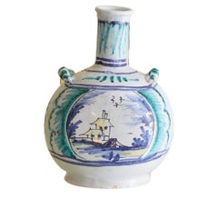 Vase bouteille ancien en céramique bleu et vert, fabriqué à la main, France, 18ème siècle