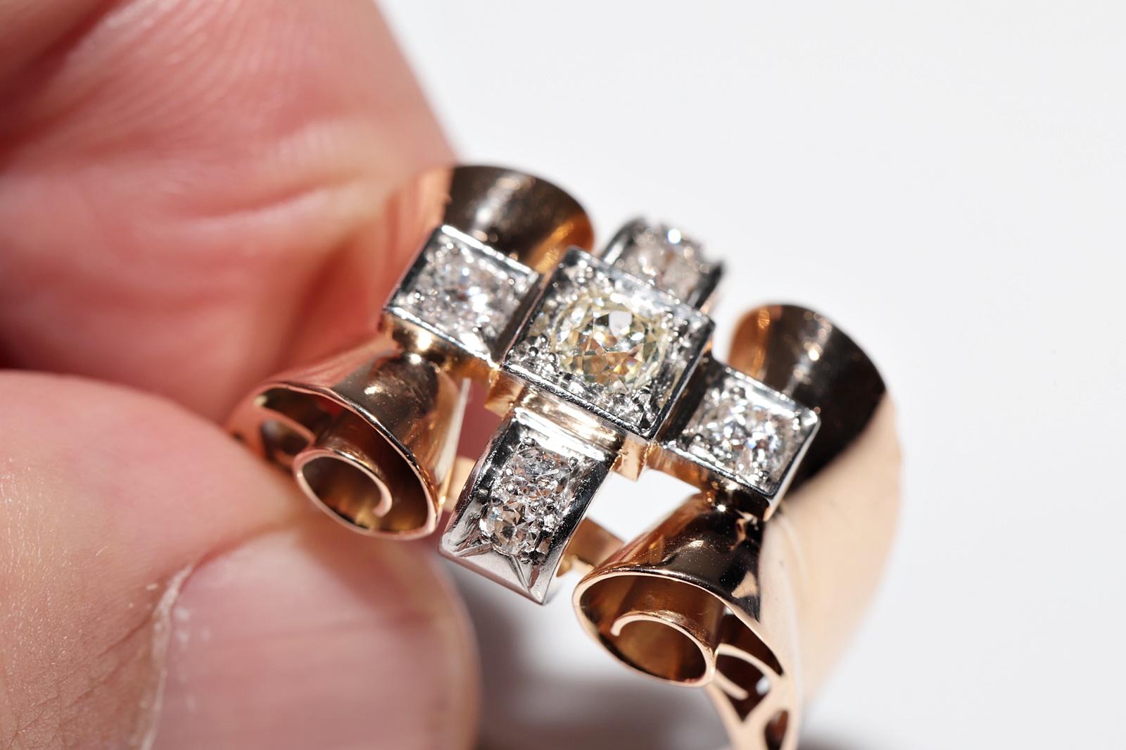 Antique Handcrafted  Circa 1900s 18k Gold Natural Old Cut Diamond Tank Ring For Sale 11