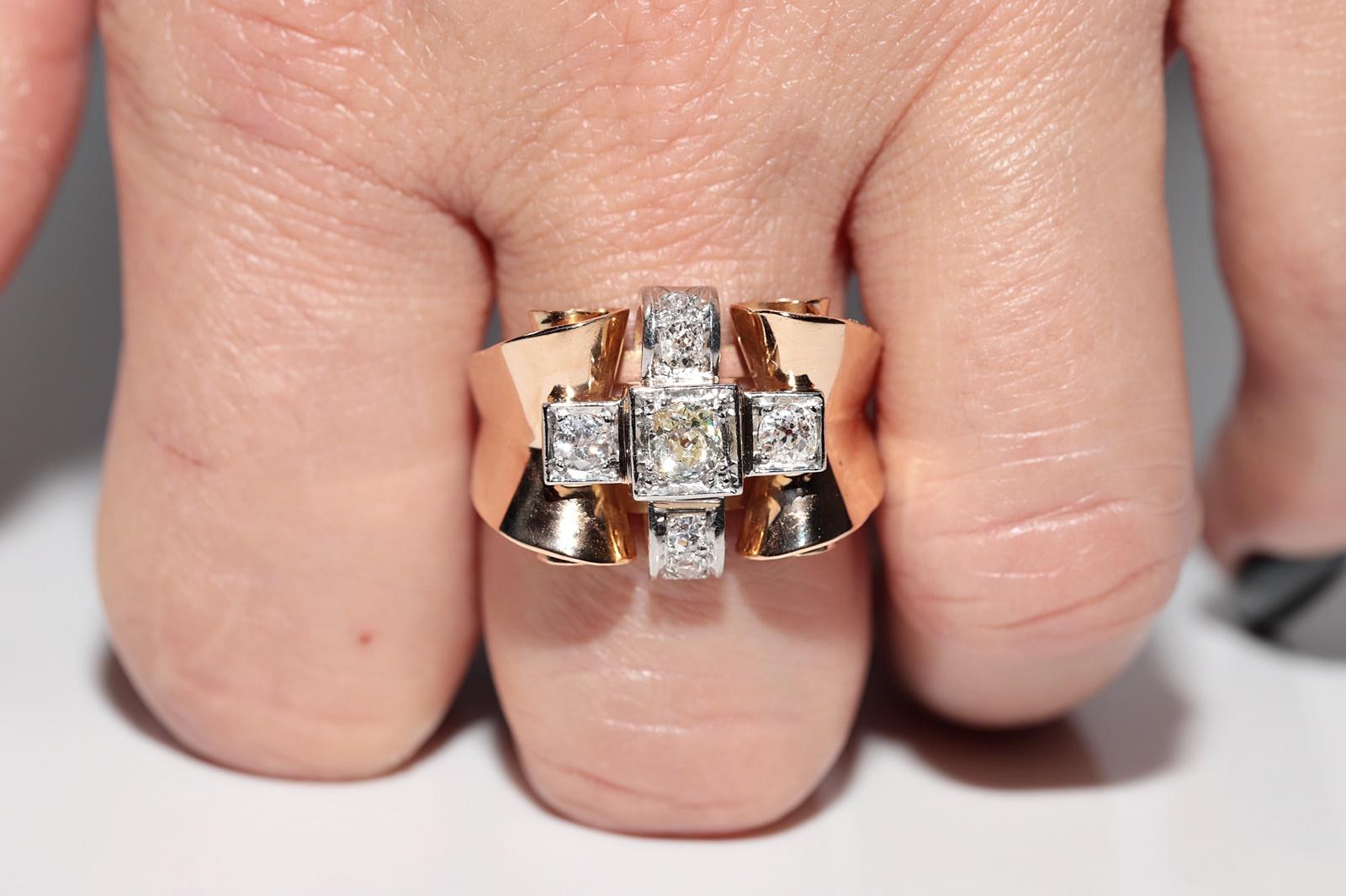 Old Mine Cut Antique Handcrafted  Circa 1900s 18k Gold Natural Old Cut Diamond Tank Ring For Sale