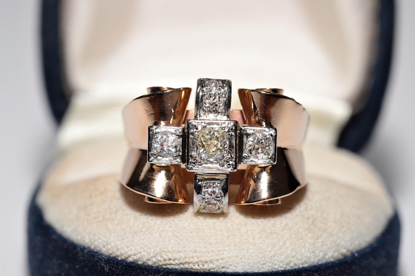 Antique Handcrafted  Circa 1900s 18k Gold Natural Old Cut Diamond Tank Ring For Sale 1