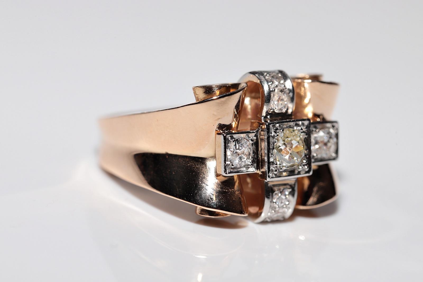 Antique Handcrafted  Circa 1900s 18k Gold Natural Old Cut Diamond Tank Ring For Sale 3