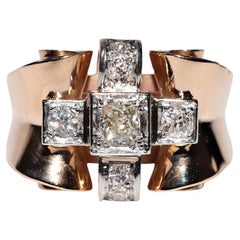 Antique Handcrafted  Circa 1900s 18k Gold Natural Old Cut Diamond Tank Ring