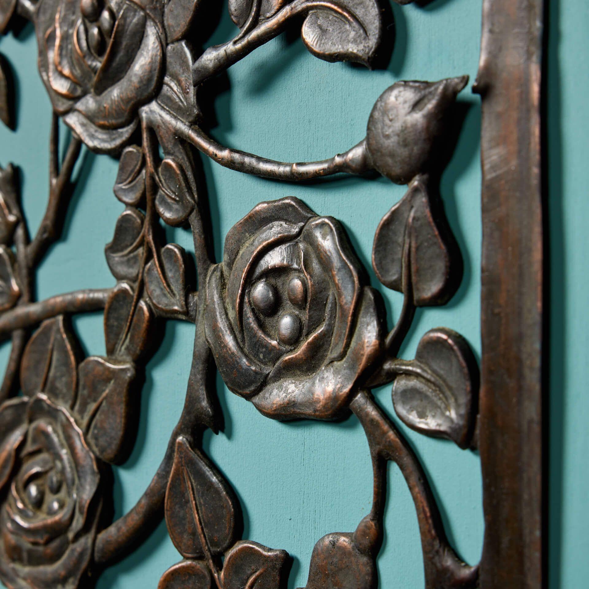 Antique Handcrafted Floral Copper Plaque In Fair Condition For Sale In Wormelow, Herefordshire
