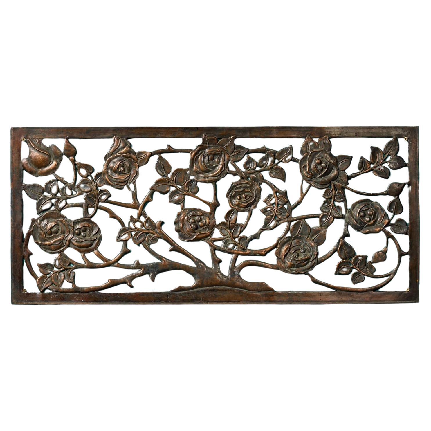 Antique Handcrafted Floral Copper Plaque For Sale