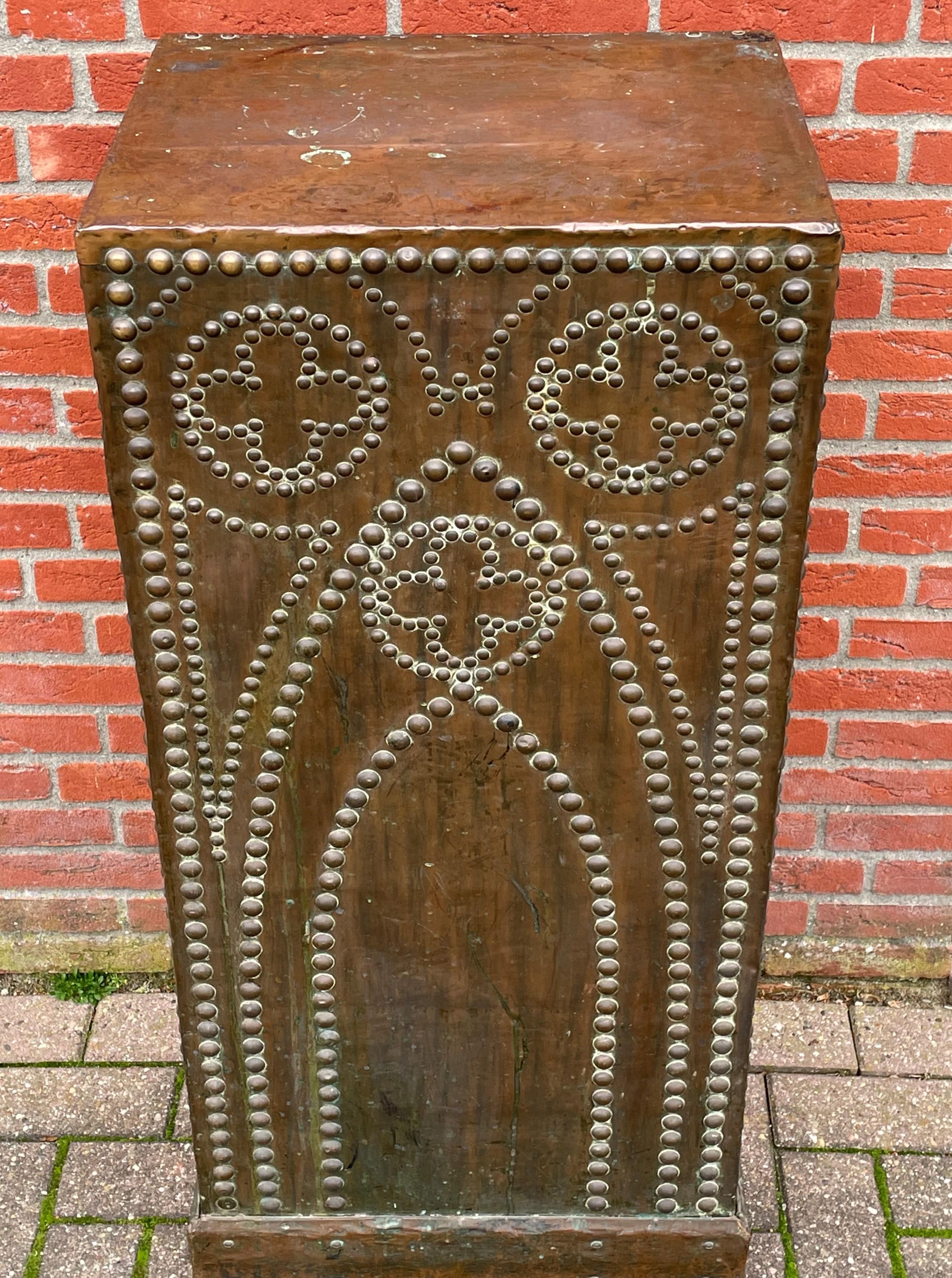 European Antique Handcrafted Gothic Revival Copper on Wood Church Column Pedestal Stand For Sale