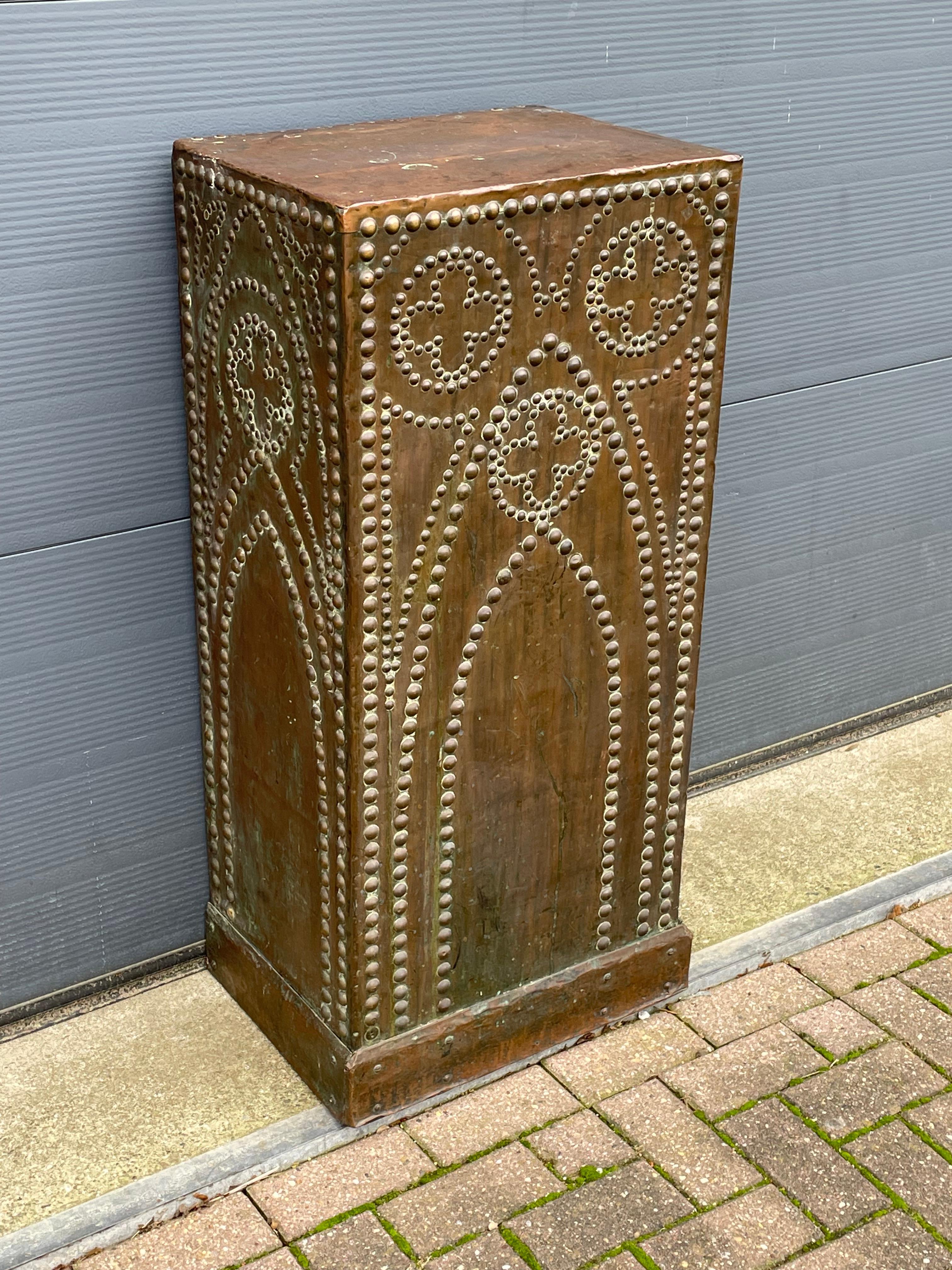 20th Century Antique Handcrafted Gothic Revival Copper on Wood Church Column Pedestal Stand For Sale