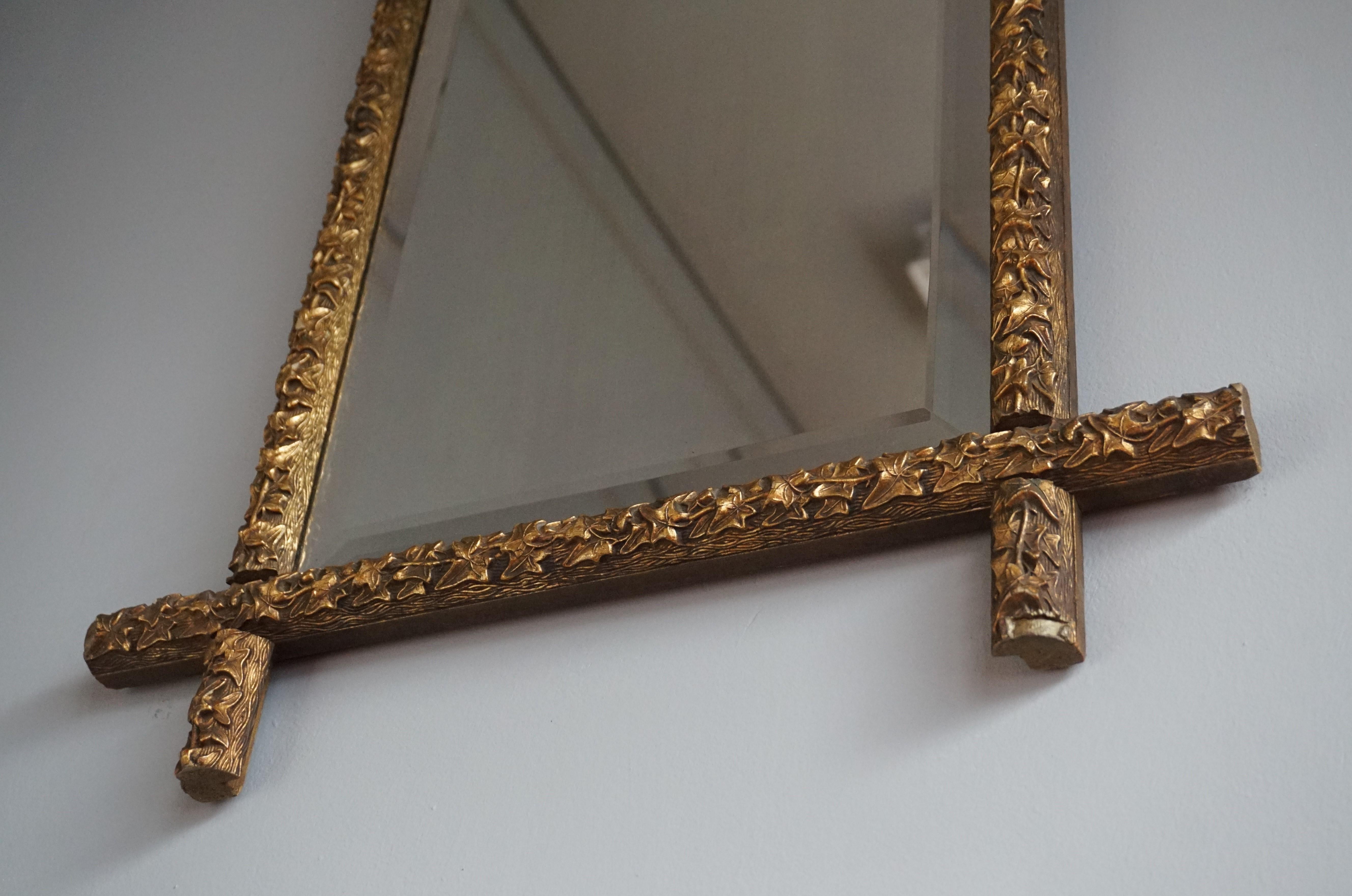 19th Century Antique Handcrafted Gothic Revival Gilt Leafs on Wooden Frame 1880s Cross Mirror For Sale