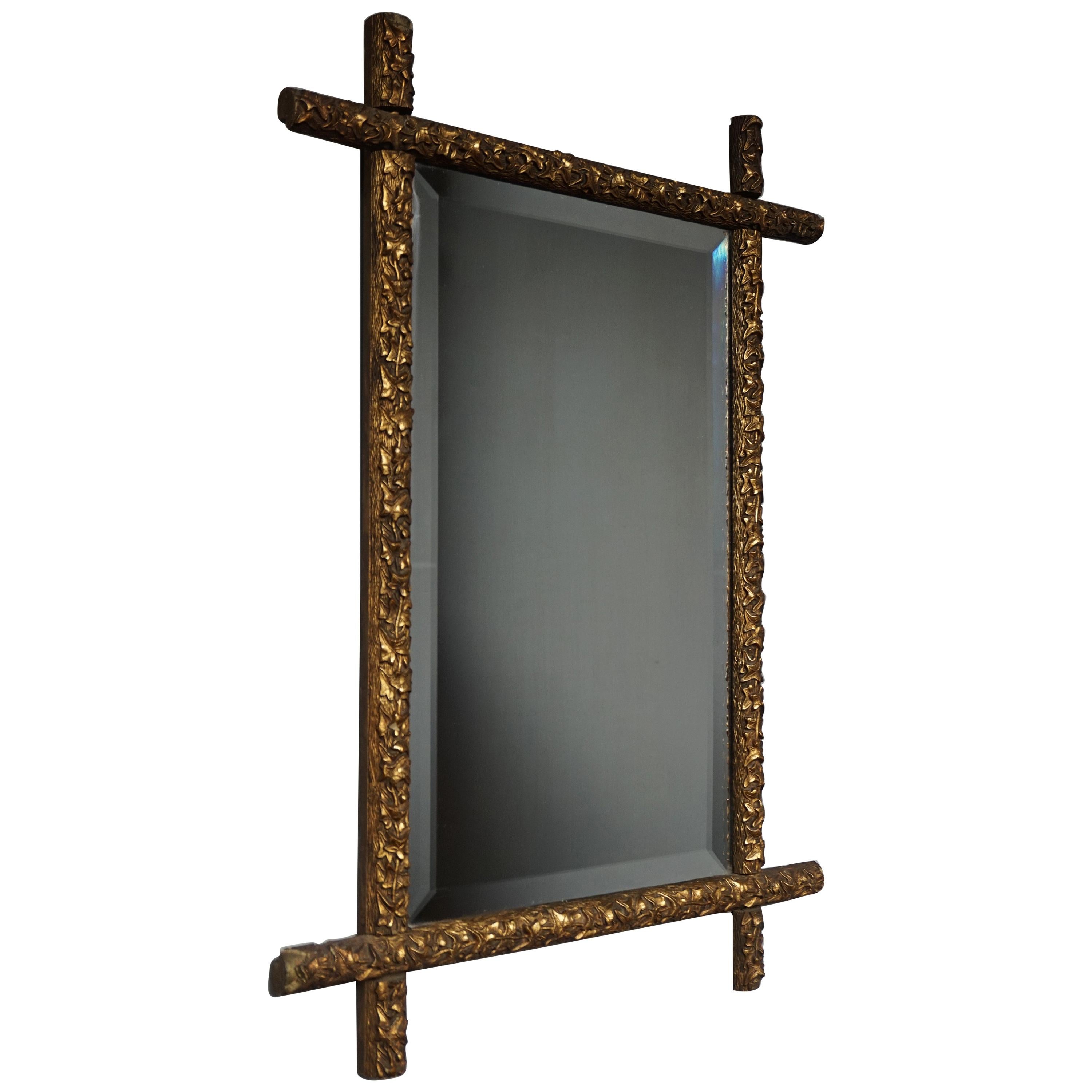 Antique Handcrafted Gothic Revival Gilt Leafs on Wooden Frame 1880s Cross Mirror For Sale