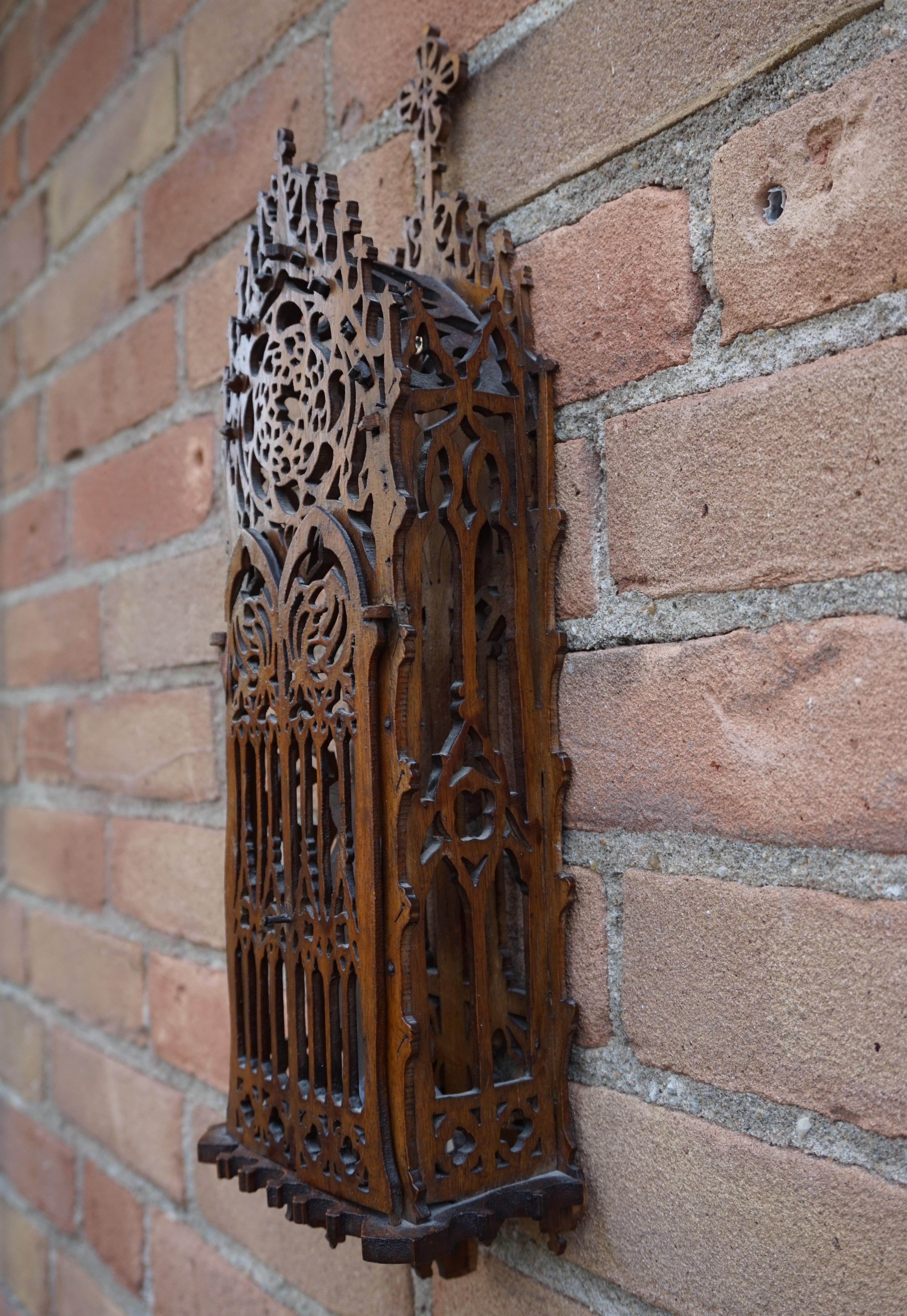 Antique Handcrafted Gothic Revival Wall Shrine/ Chapel with Glass Mary Sculpture 3