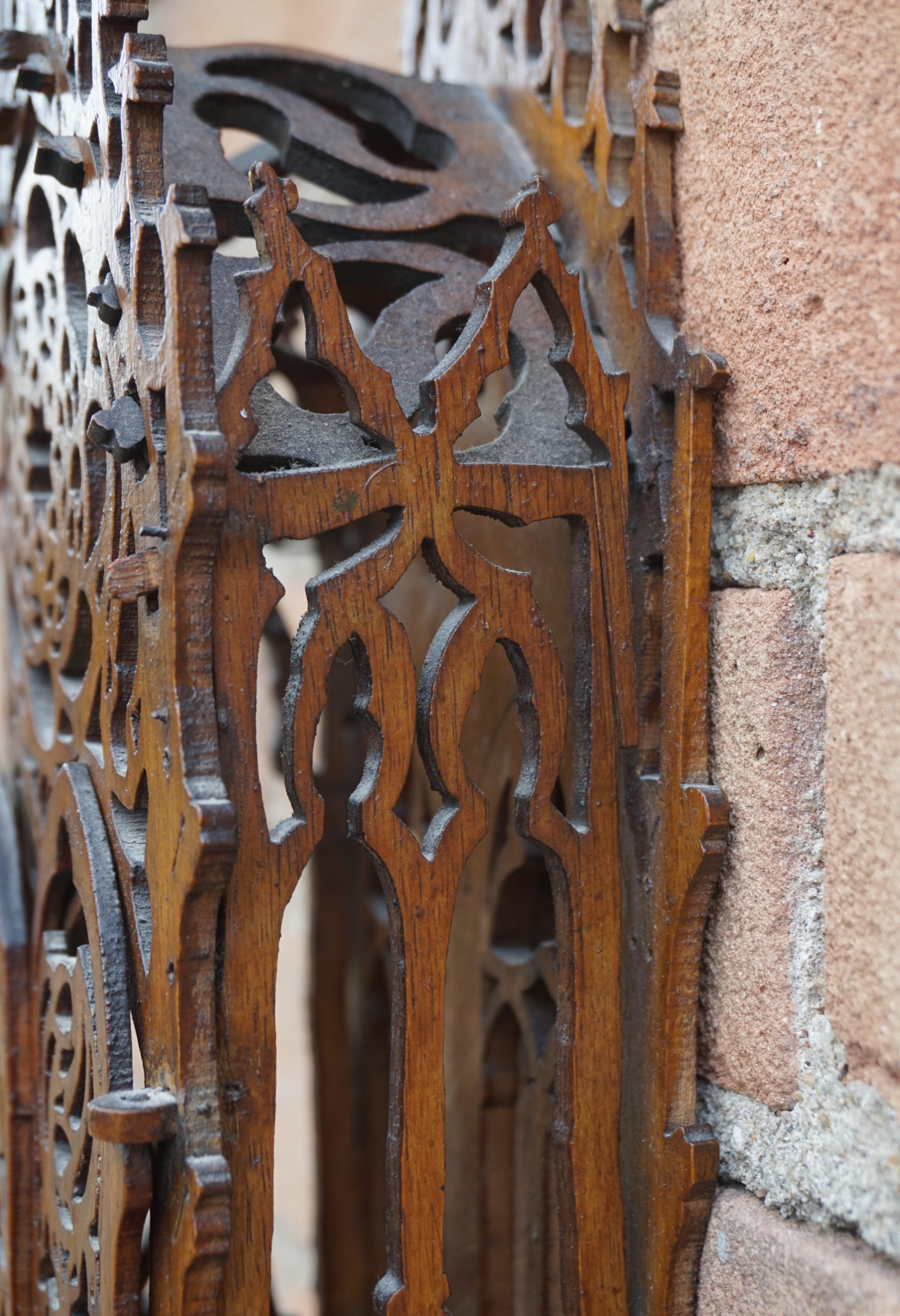 Antique Handcrafted Gothic Revival Wall Shrine/ Chapel with Glass Mary Sculpture 4