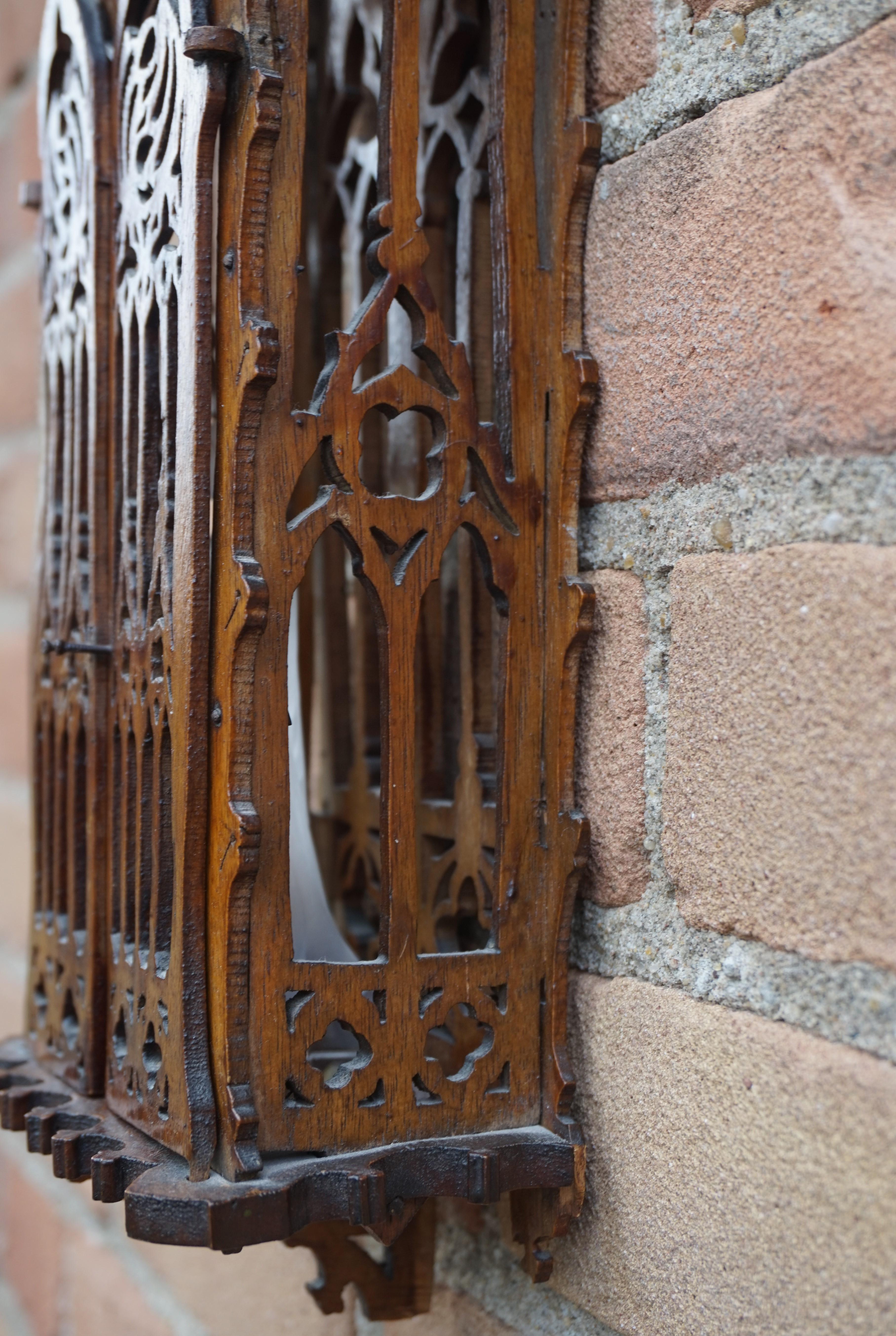 Antique Handcrafted Gothic Revival Wall Shrine/ Chapel with Glass Mary Sculpture 5