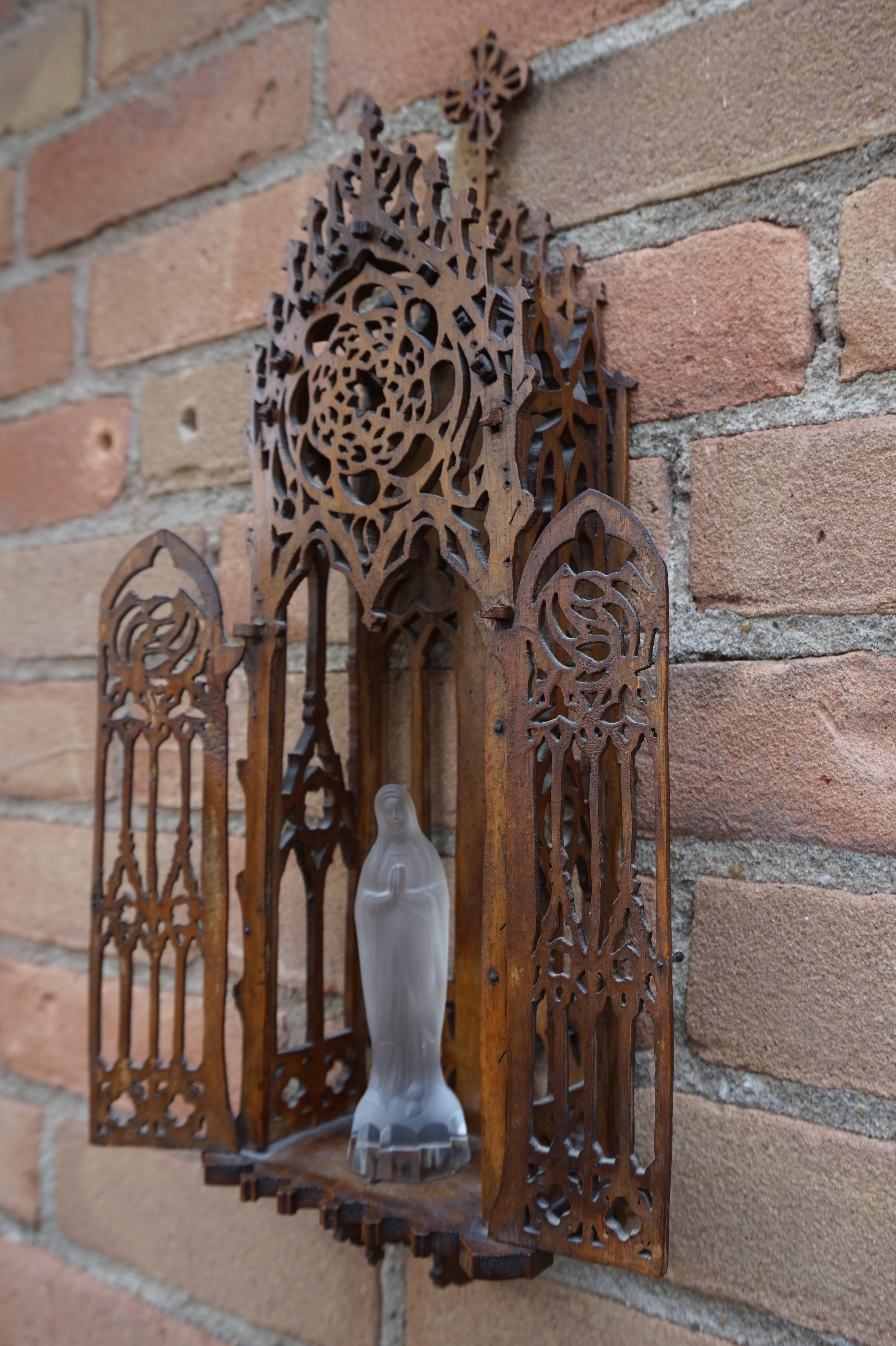 Antique Handcrafted Gothic Revival Wall Shrine/ Chapel with Glass Mary Sculpture 6