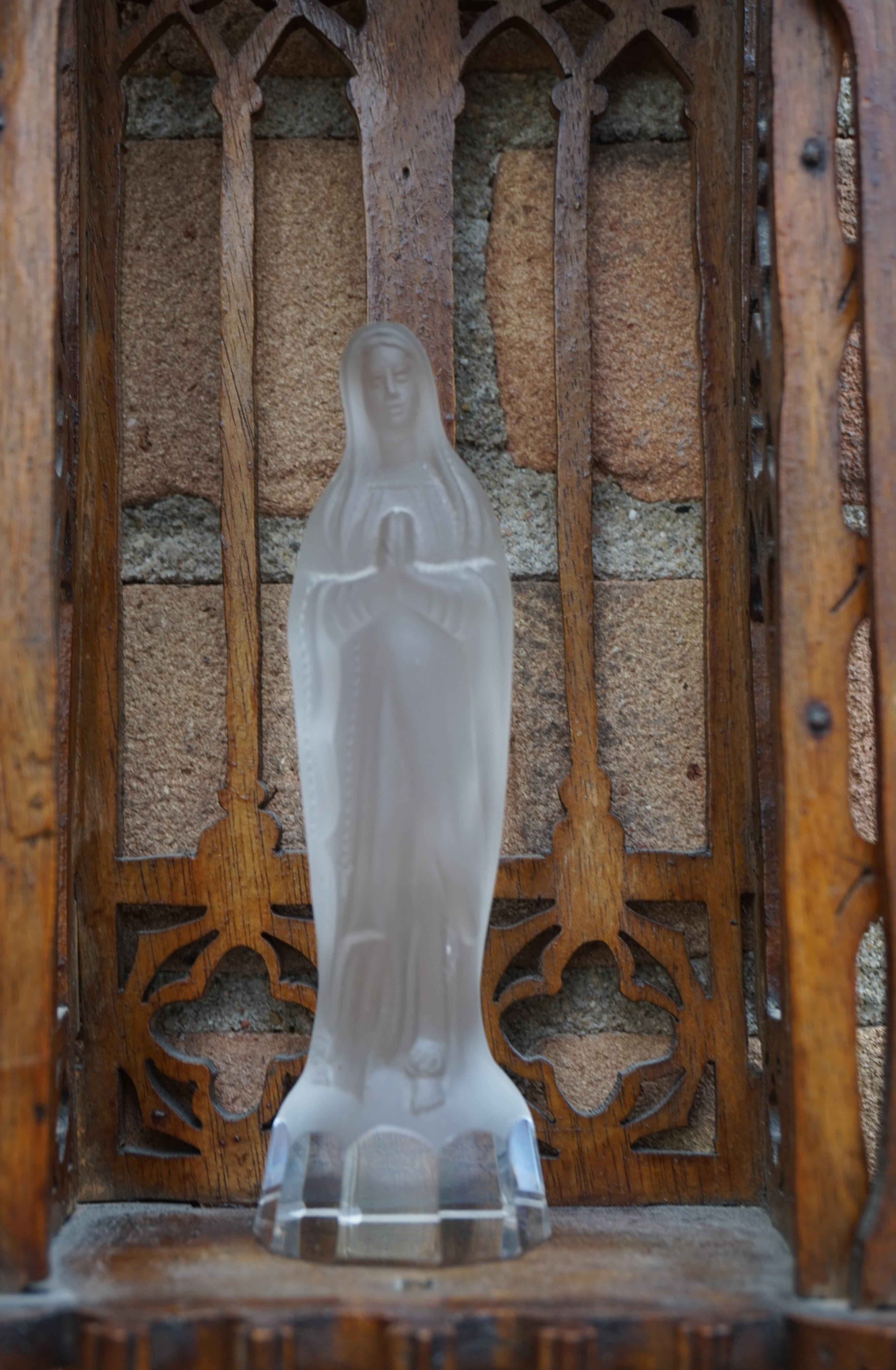 Antique Handcrafted Gothic Revival Wall Shrine/ Chapel with Glass Mary Sculpture 7