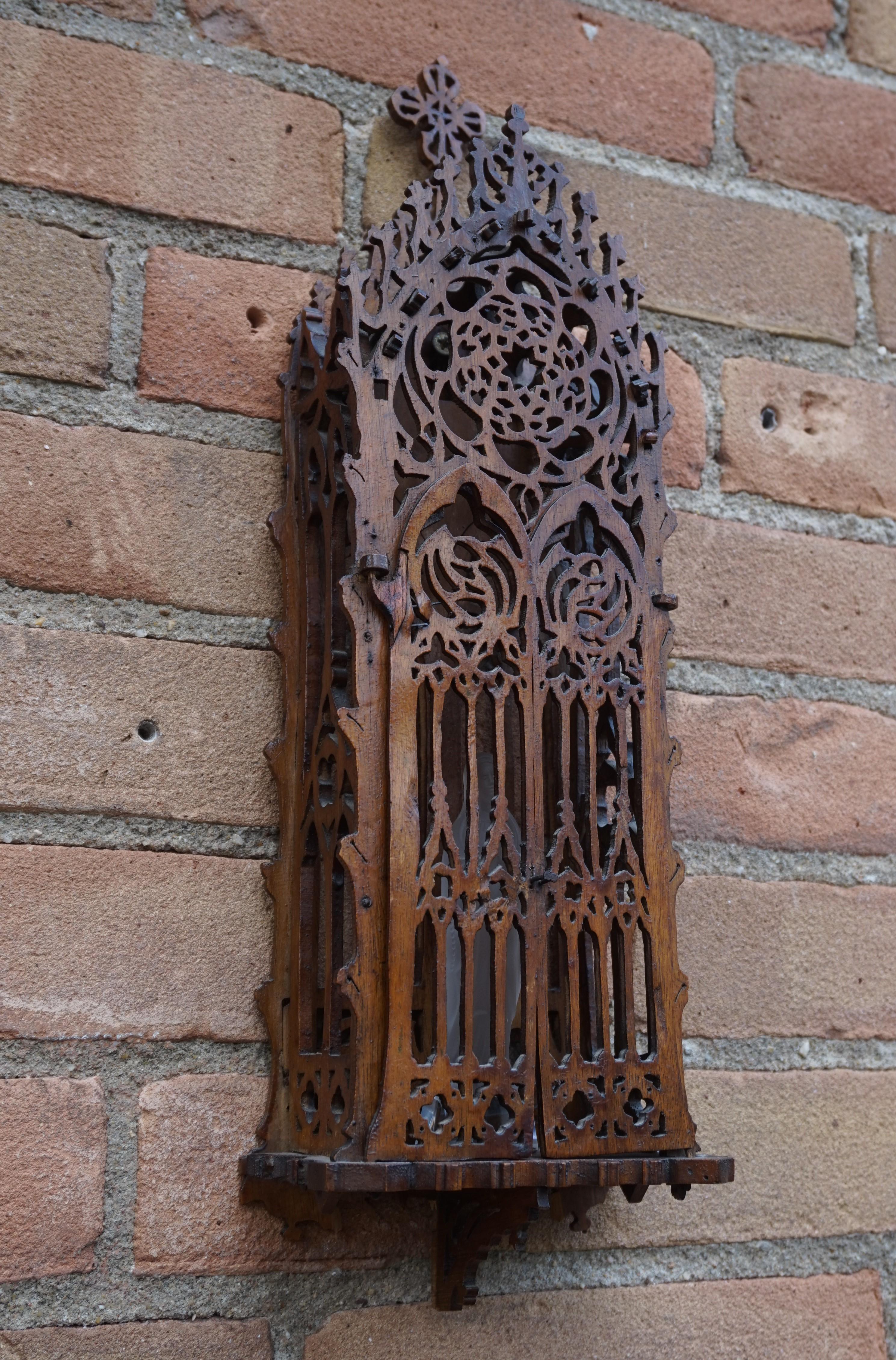 Antique Handcrafted Gothic Revival Wall Shrine/ Chapel with Glass Mary Sculpture 8