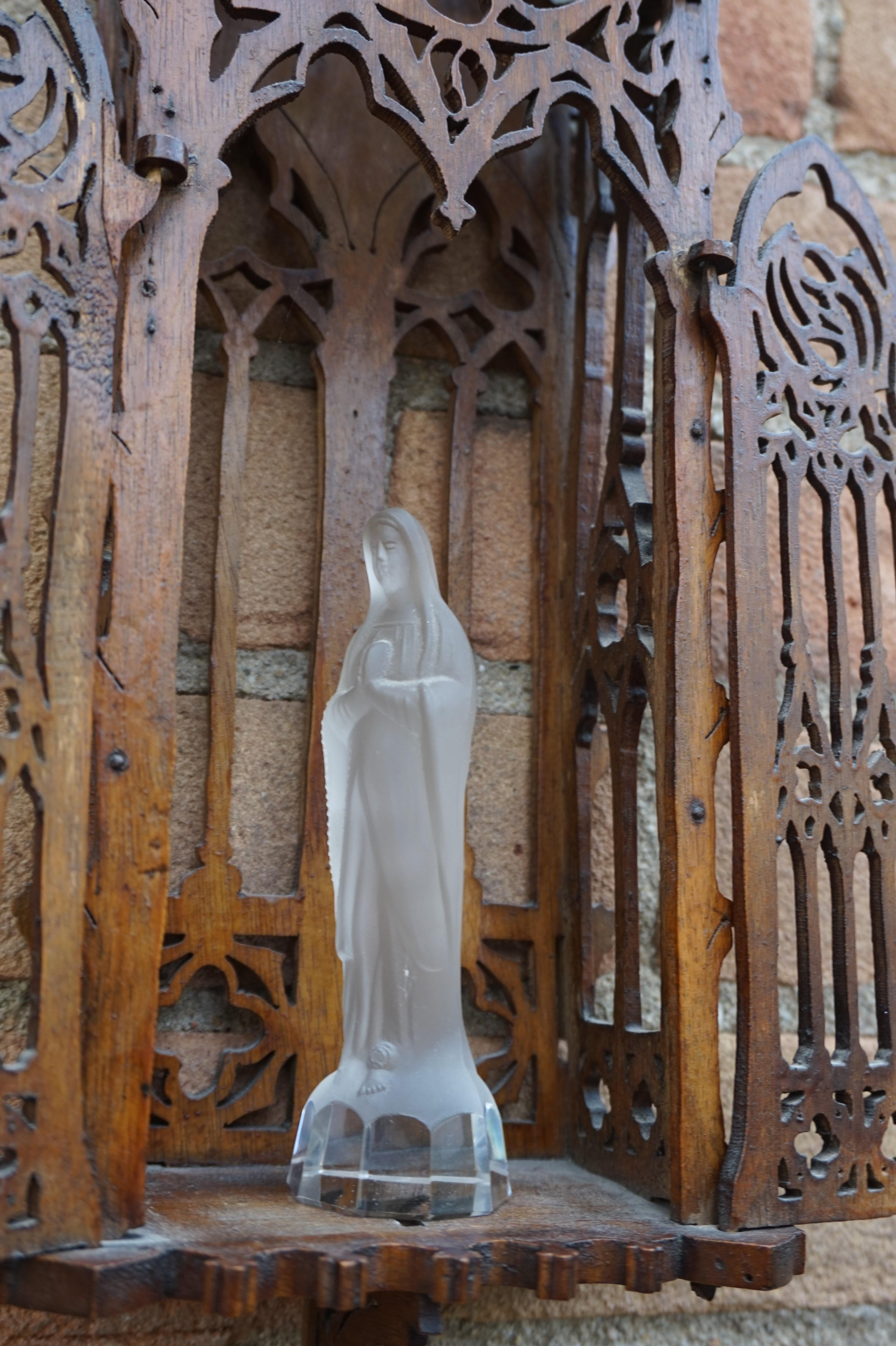 French Antique Handcrafted Gothic Revival Wall Shrine/ Chapel with Glass Mary Sculpture
