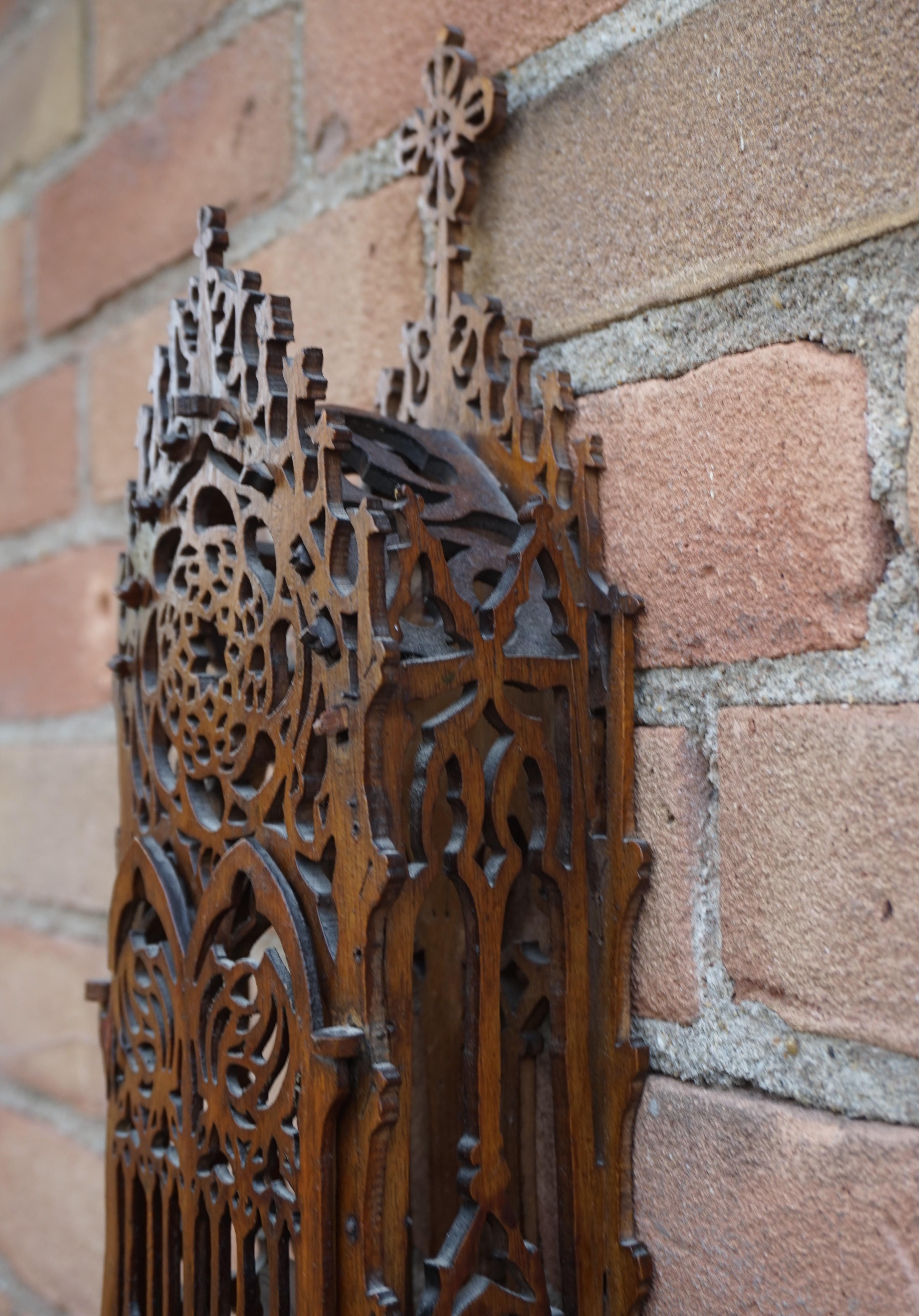 Hand-Crafted Antique Handcrafted Gothic Revival Wall Shrine/ Chapel with Glass Mary Sculpture