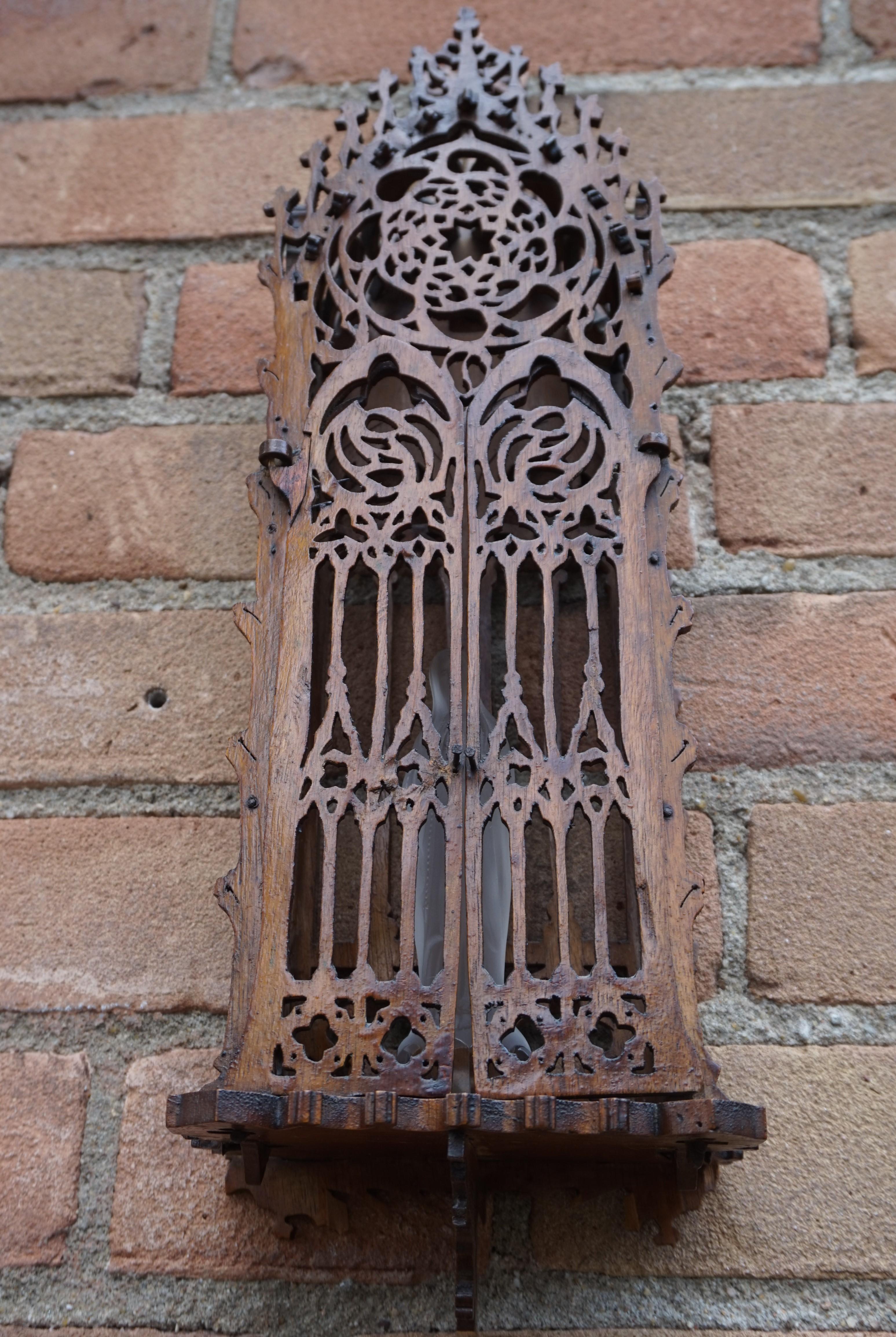 20th Century Antique Handcrafted Gothic Revival Wall Shrine/ Chapel with Glass Mary Sculpture
