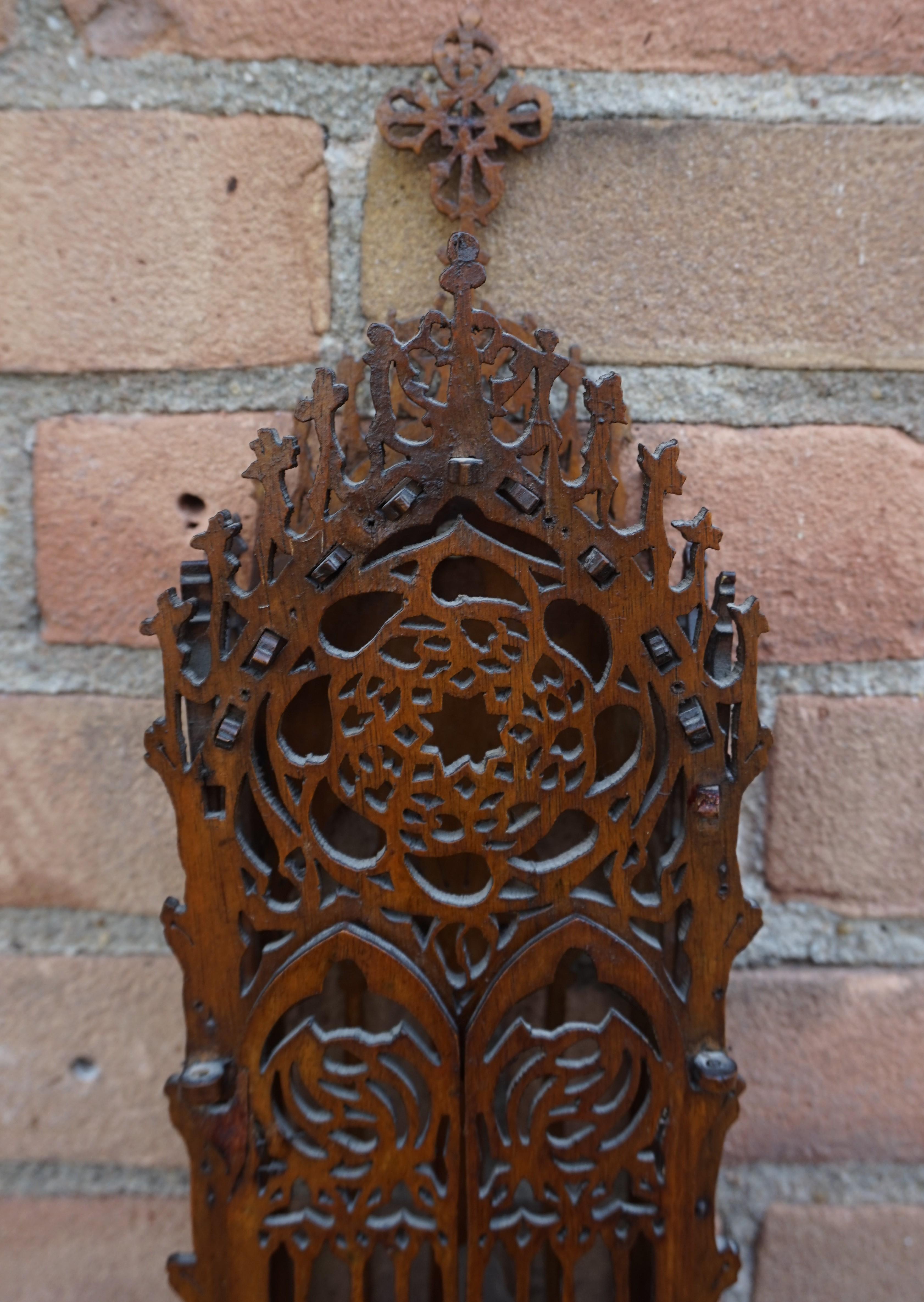 Antique Handcrafted Gothic Revival Wall Shrine/ Chapel with Glass Mary Sculpture 2