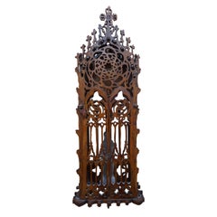 Antique Handcrafted Gothic Revival Wall Shrine/ Chapel with Glass Mary Sculpture