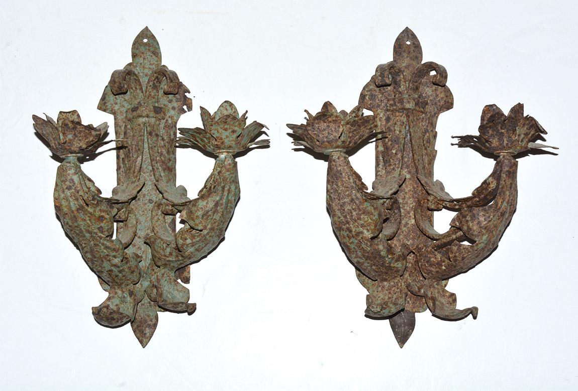Victorian Antique Handcrafted Iron Leaf Sconces, Pair