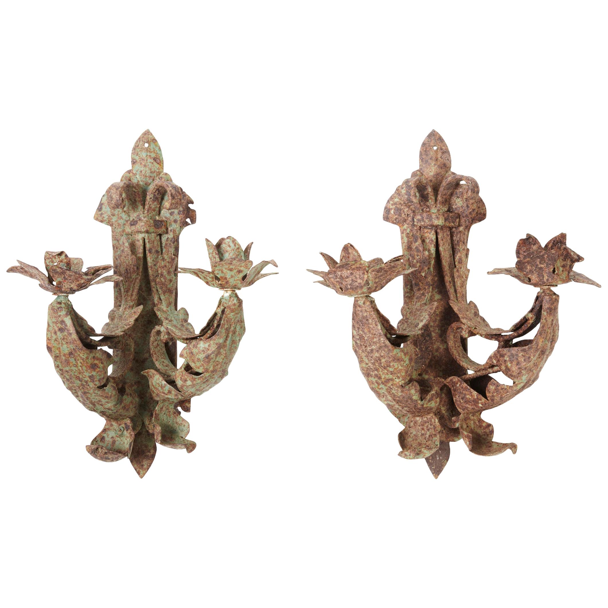 Antique Handcrafted Iron Leaf Sconces, Pair