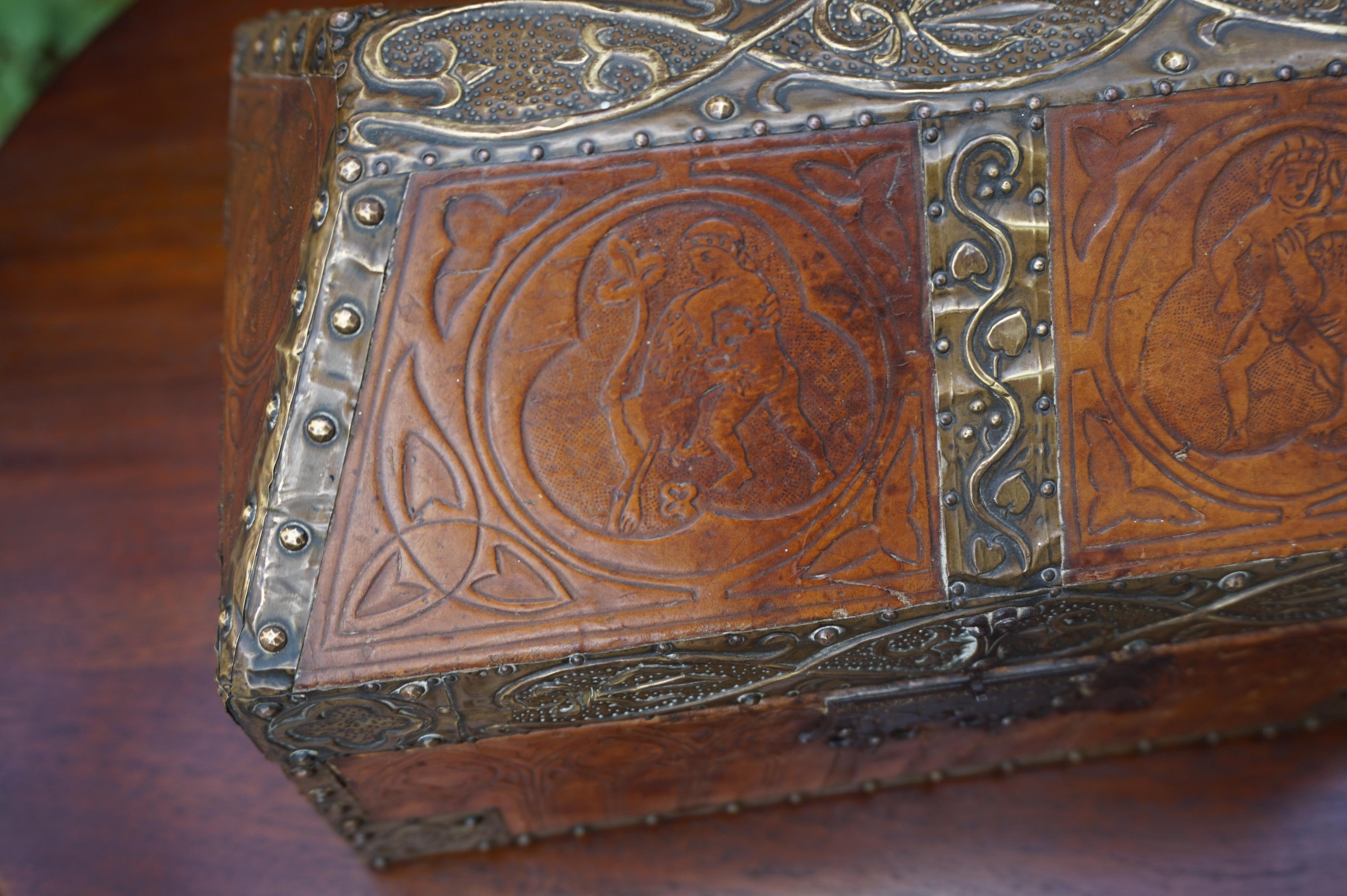 Antique Handcrafted Late 1800s Embossed Leather and Brass Gothic Revival Box 3