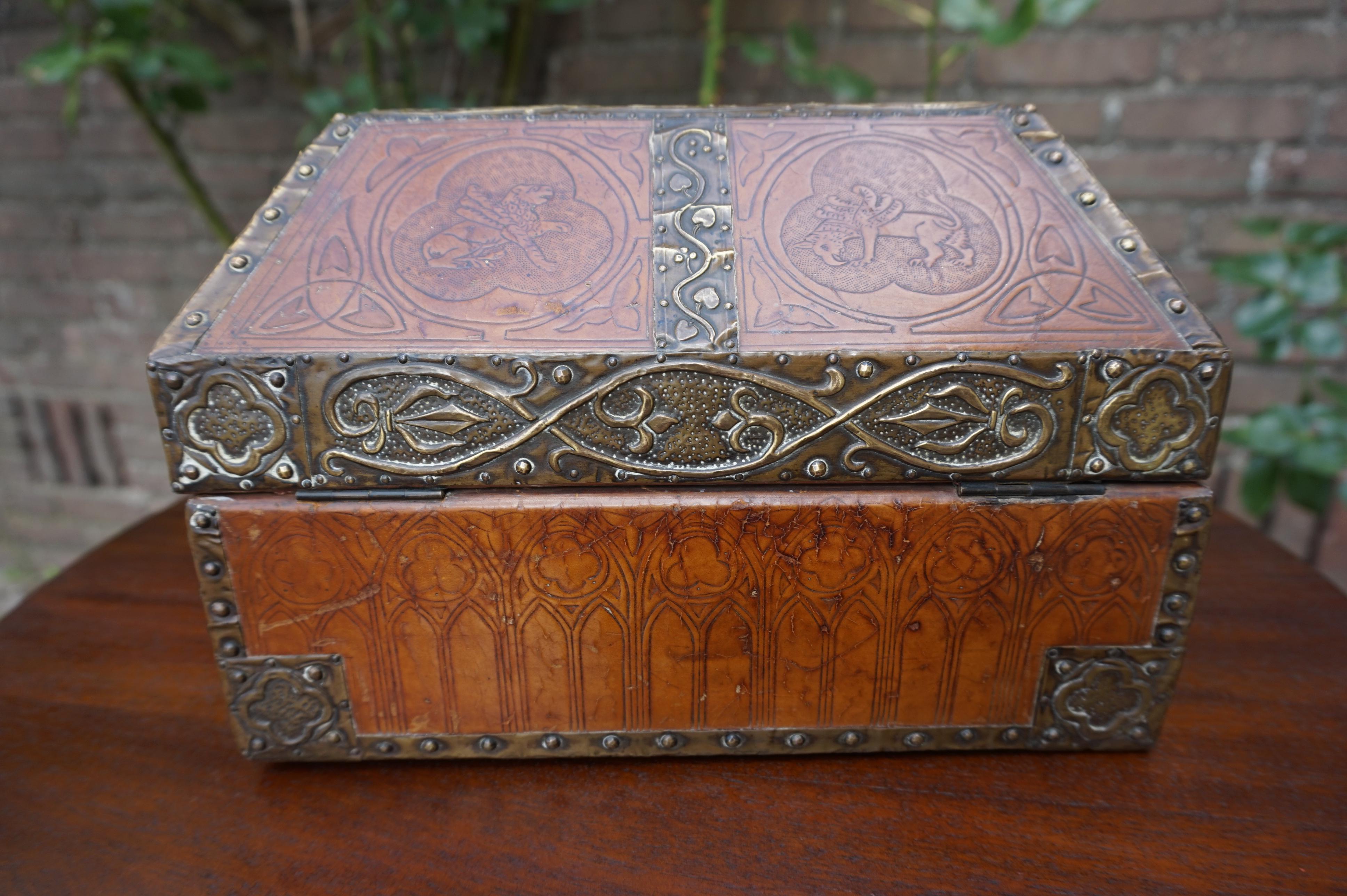 Antique Handcrafted Late 1800s Embossed Leather and Brass Gothic Revival Box 6