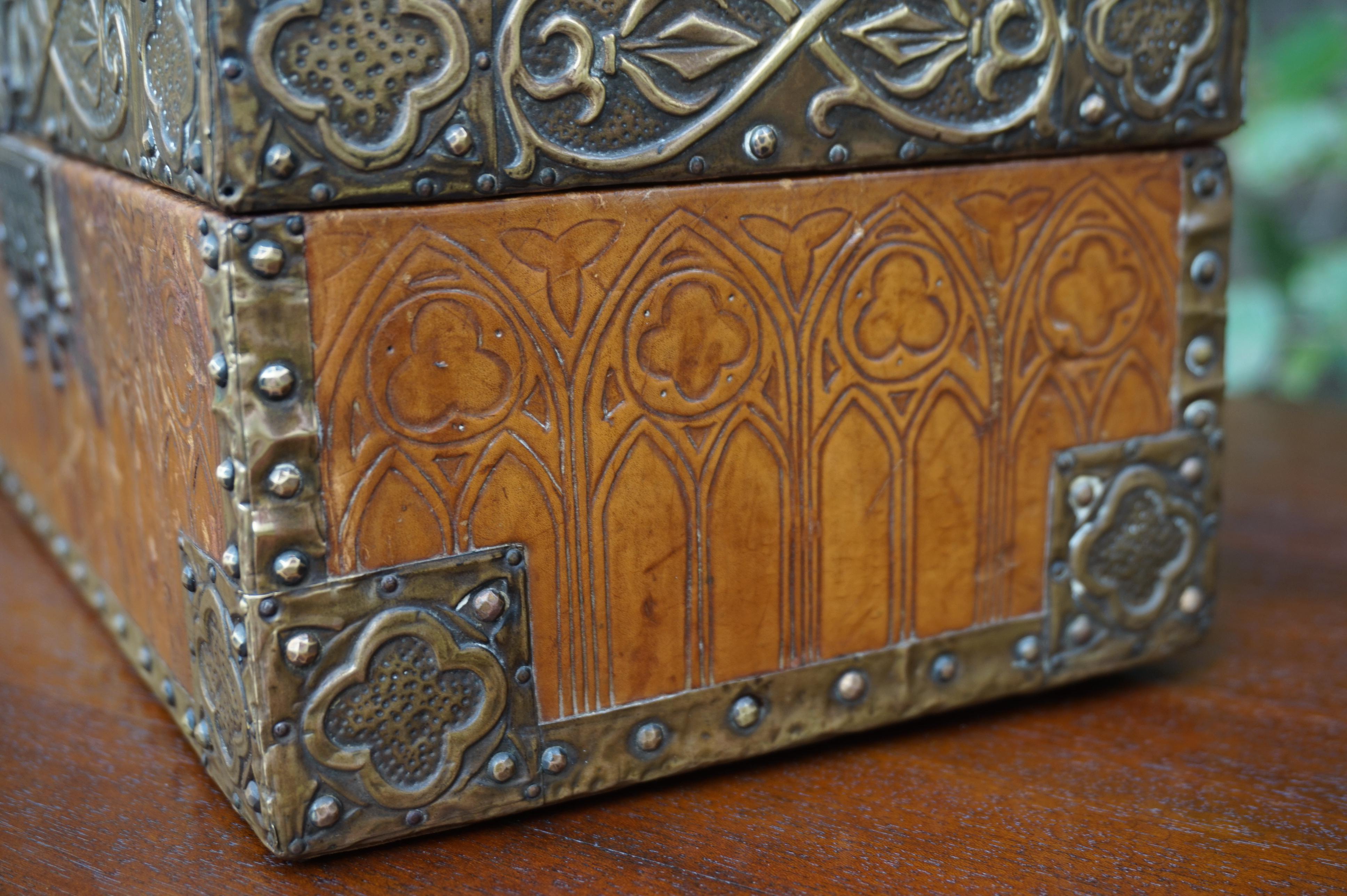 Antique Handcrafted Late 1800s Embossed Leather and Brass Gothic Revival Box 7