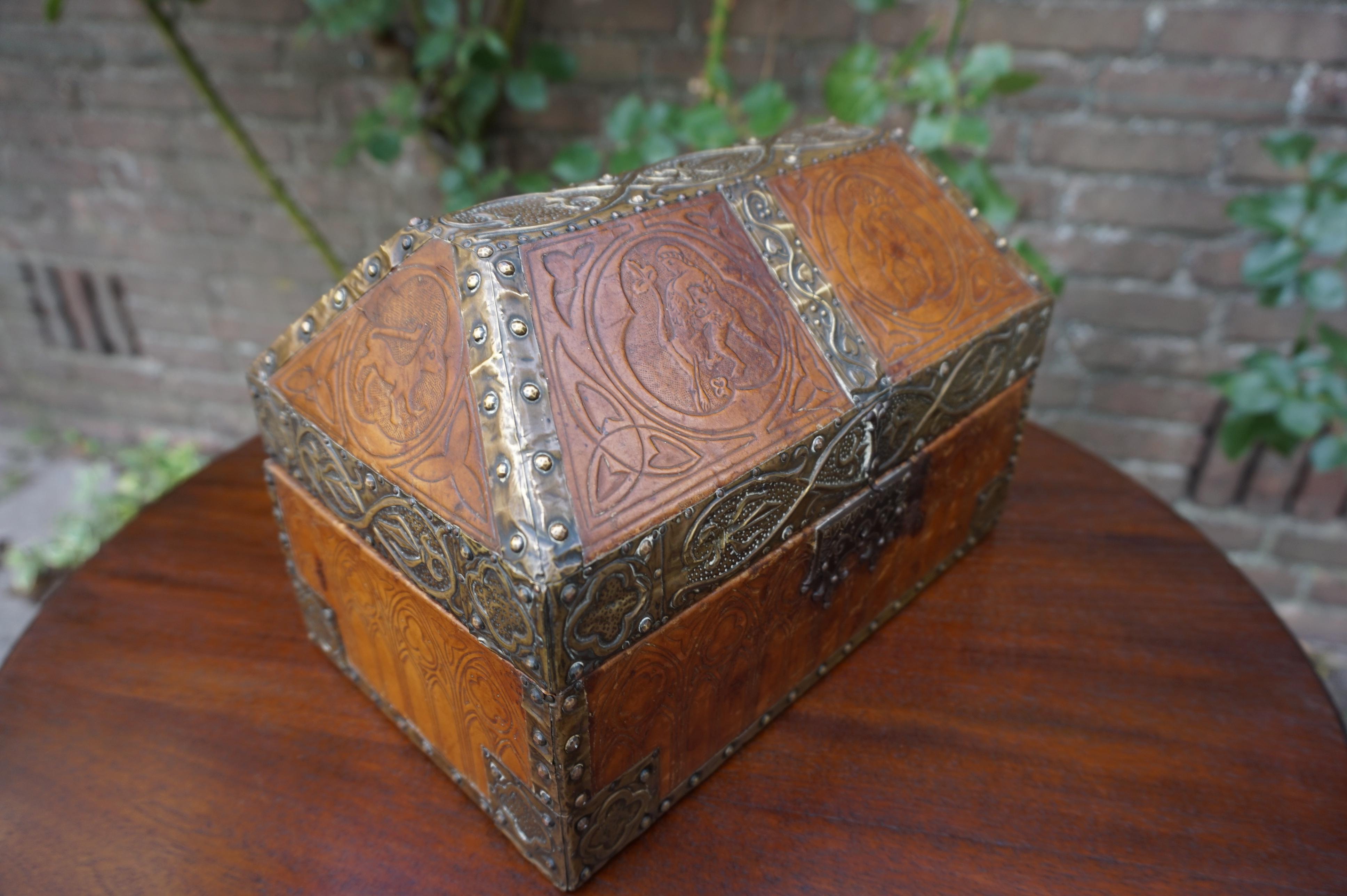 Antique Handcrafted Late 1800s Embossed Leather and Brass Gothic Revival Box 8