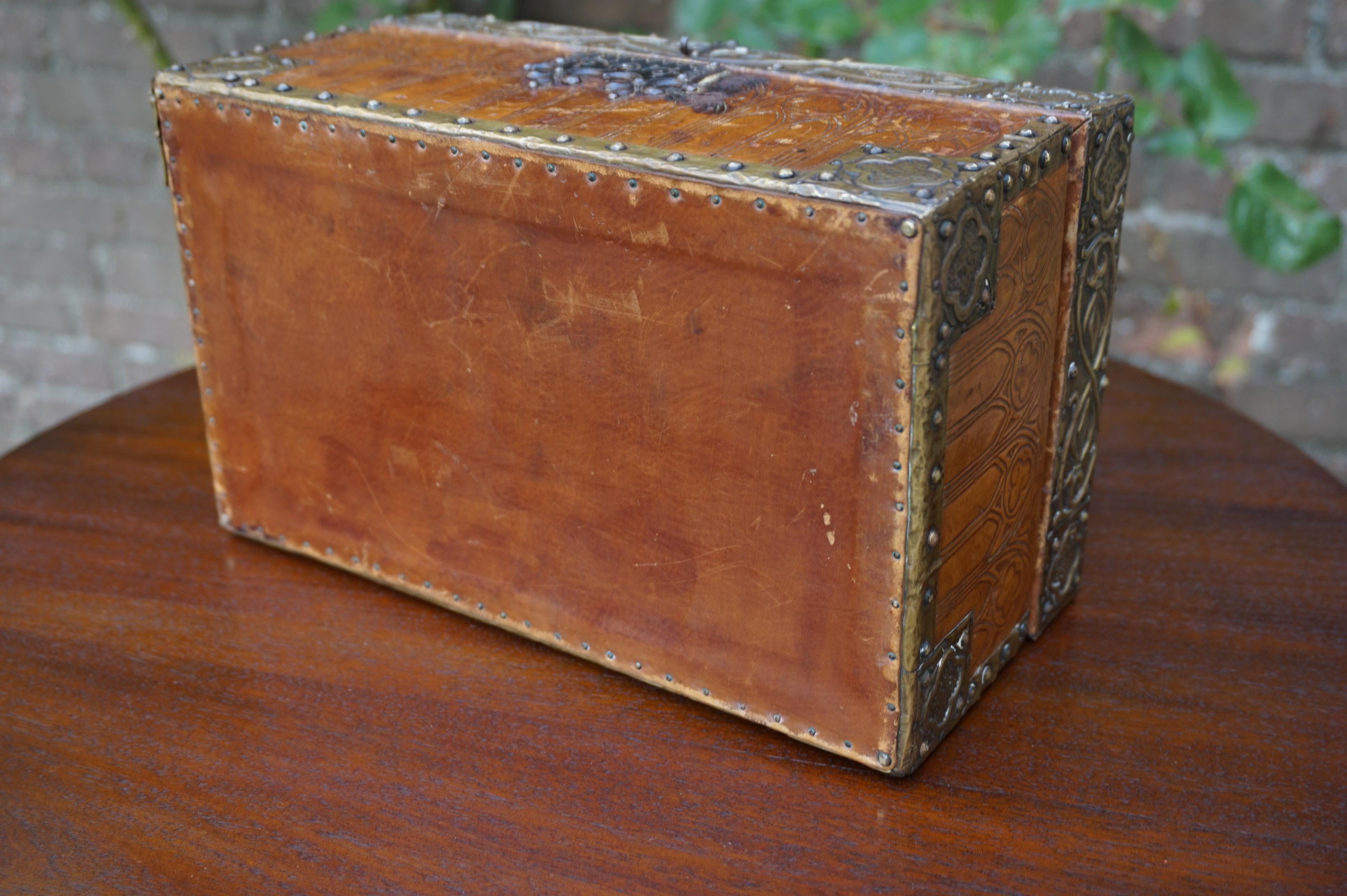 Antique Handcrafted Late 1800s Embossed Leather and Brass Gothic Revival Box 13