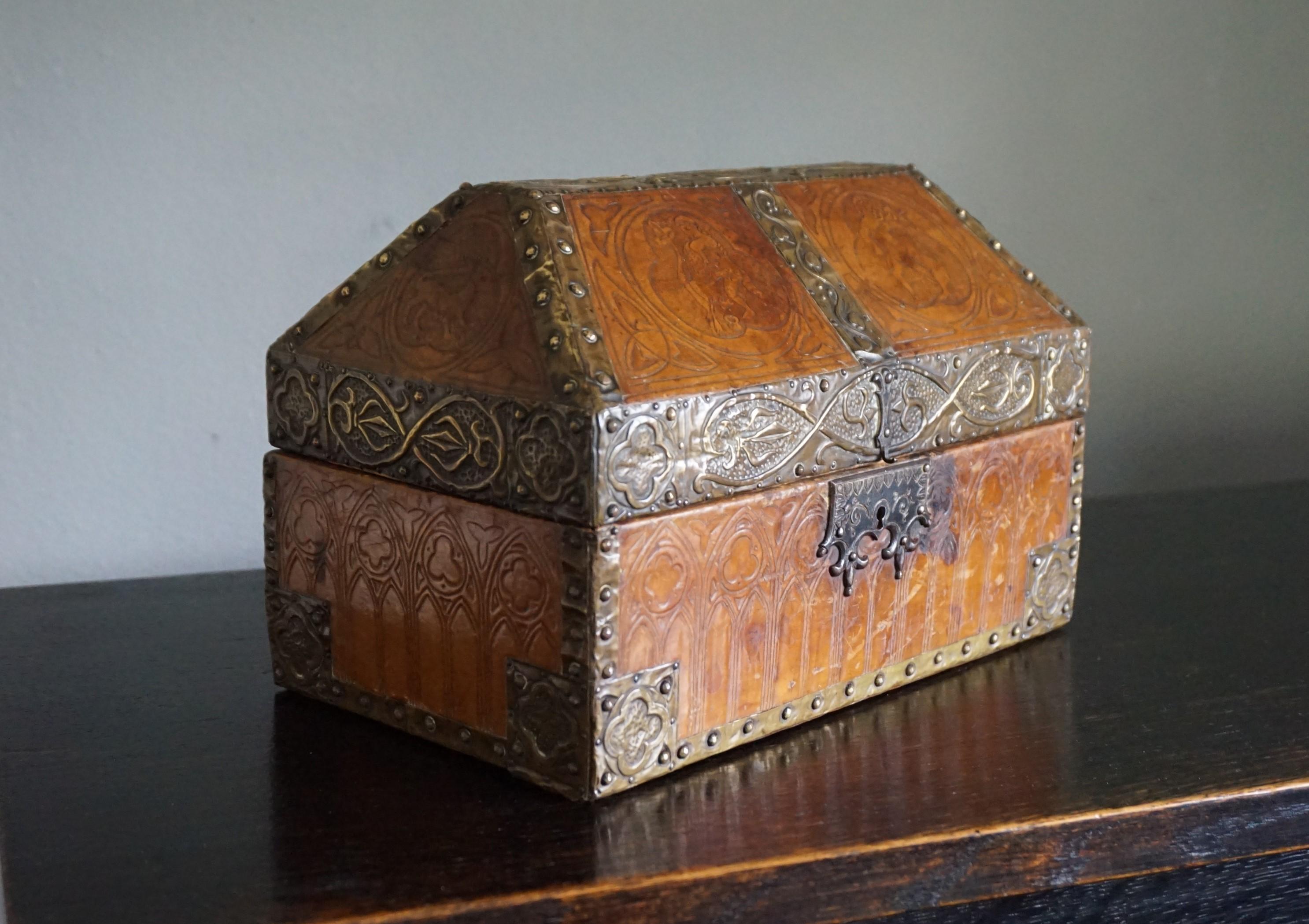Antique Handcrafted Late 1800s Embossed Leather and Brass Gothic Revival Box 14