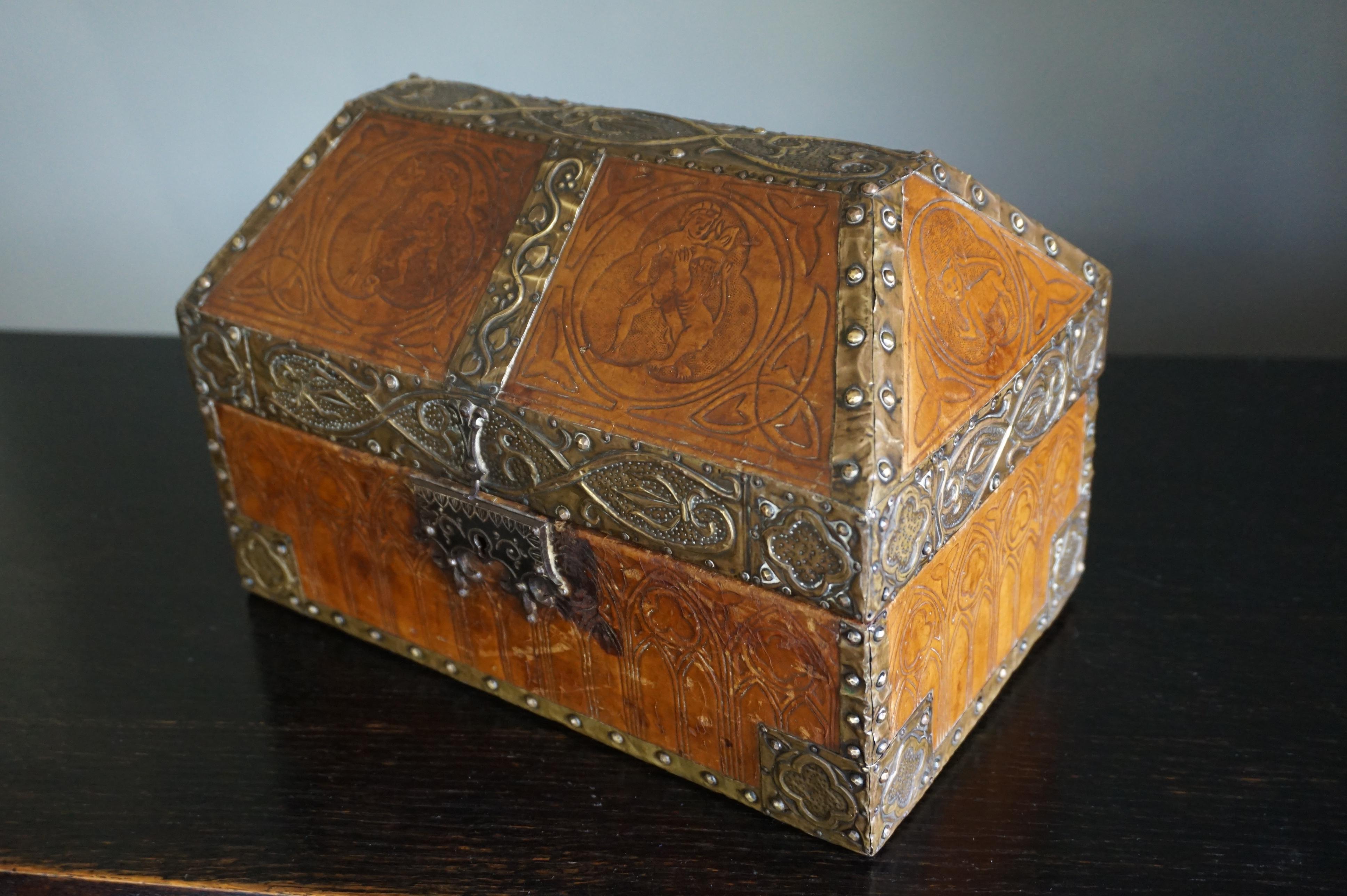 French Antique Handcrafted Late 1800s Embossed Leather and Brass Gothic Revival Box