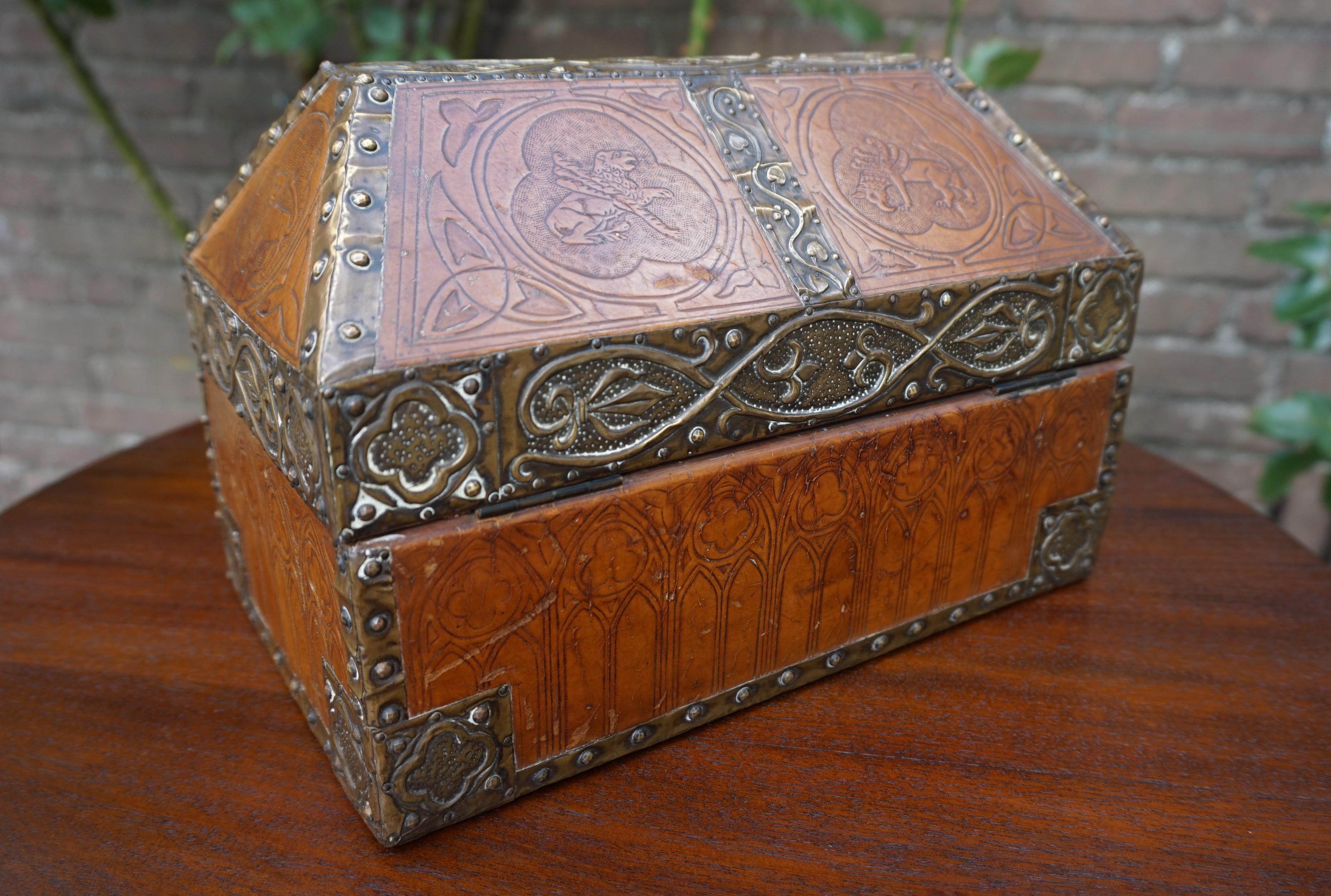 Antique Handcrafted Late 1800s Embossed Leather and Brass Gothic Revival Box In Good Condition In Lisse, NL