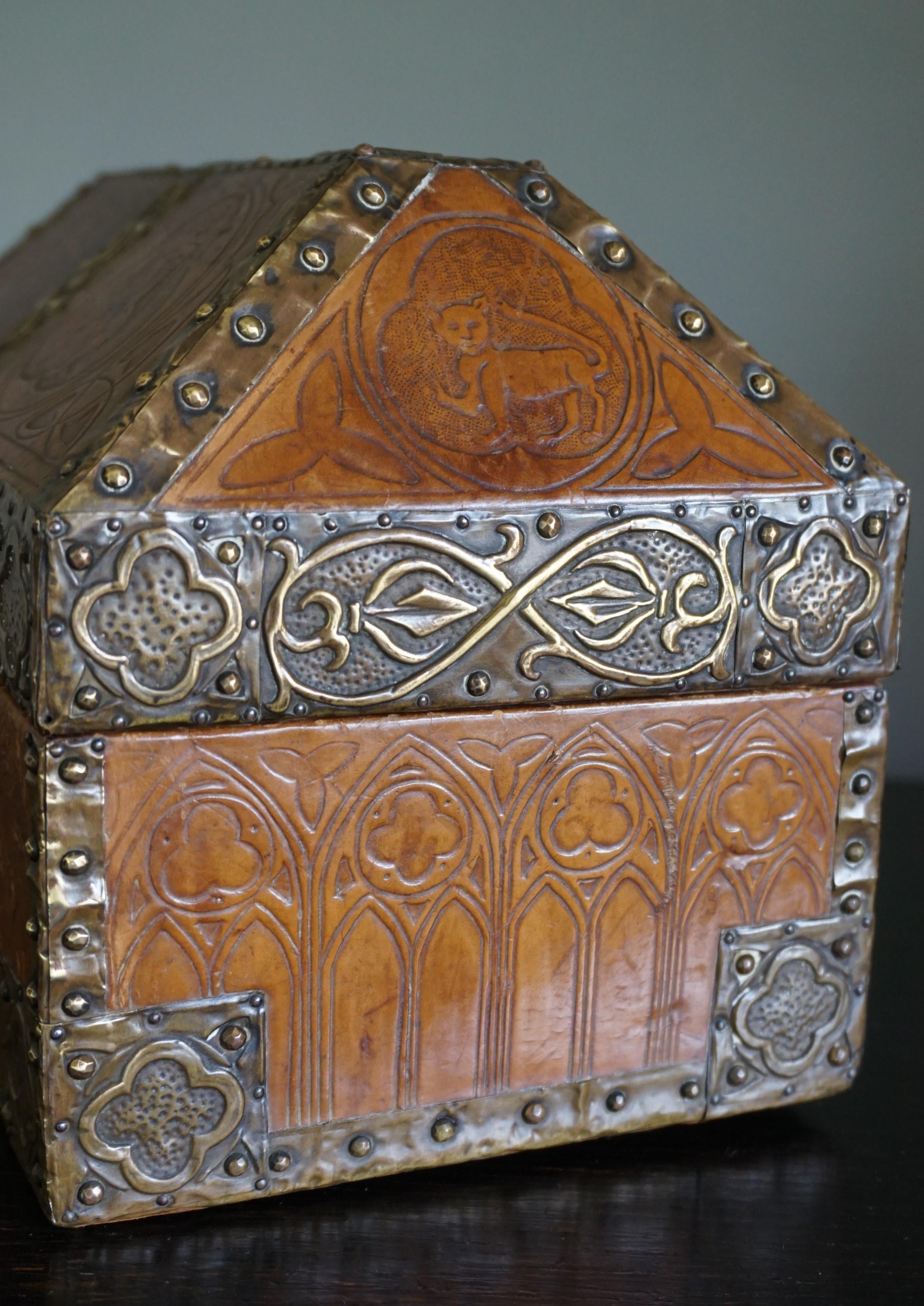 19th Century Antique Handcrafted Late 1800s Embossed Leather and Brass Gothic Revival Box