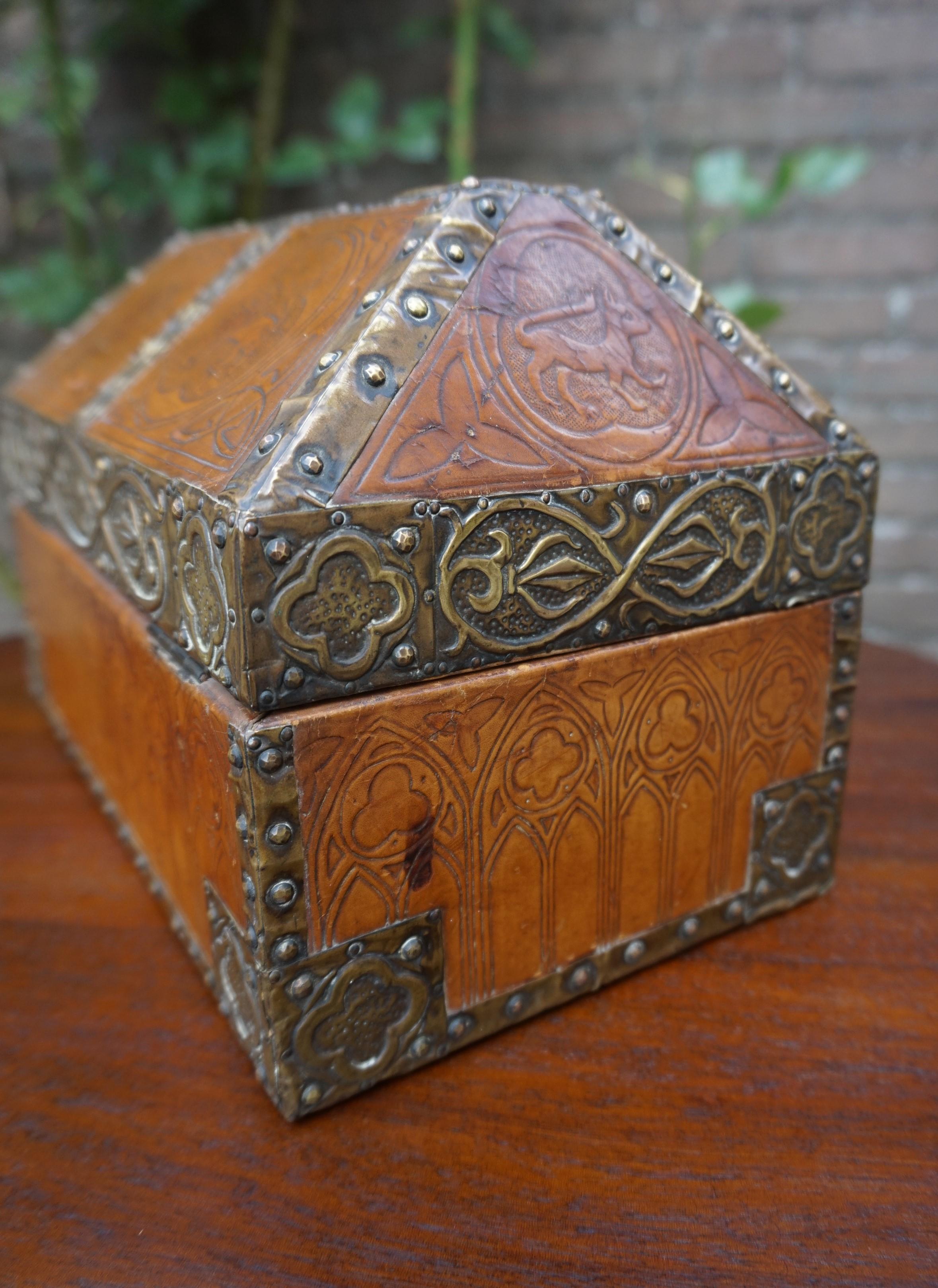 Velvet Antique Handcrafted Late 1800s Embossed Leather and Brass Gothic Revival Box