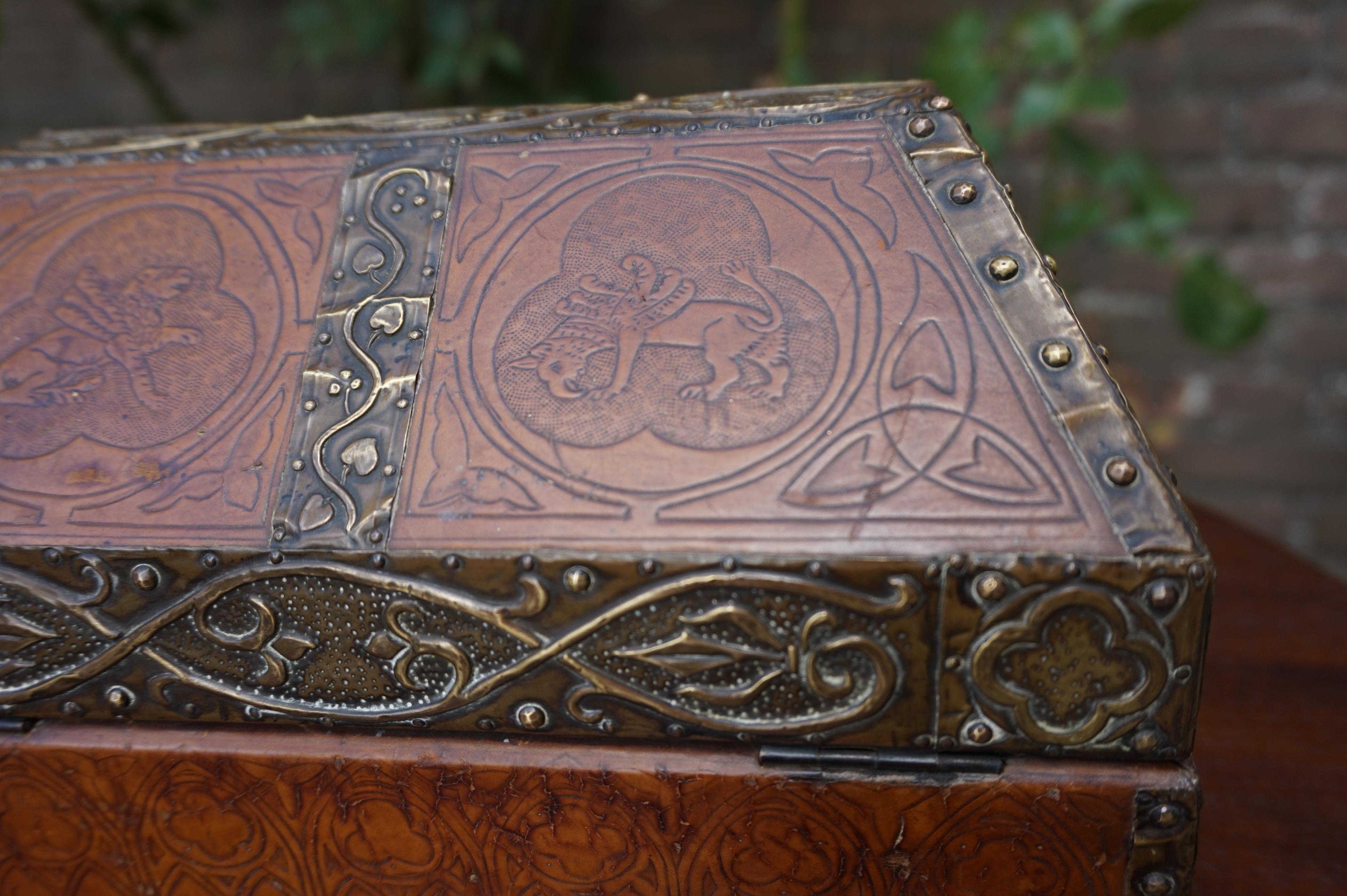 Antique Handcrafted Late 1800s Embossed Leather and Brass Gothic Revival Box 1