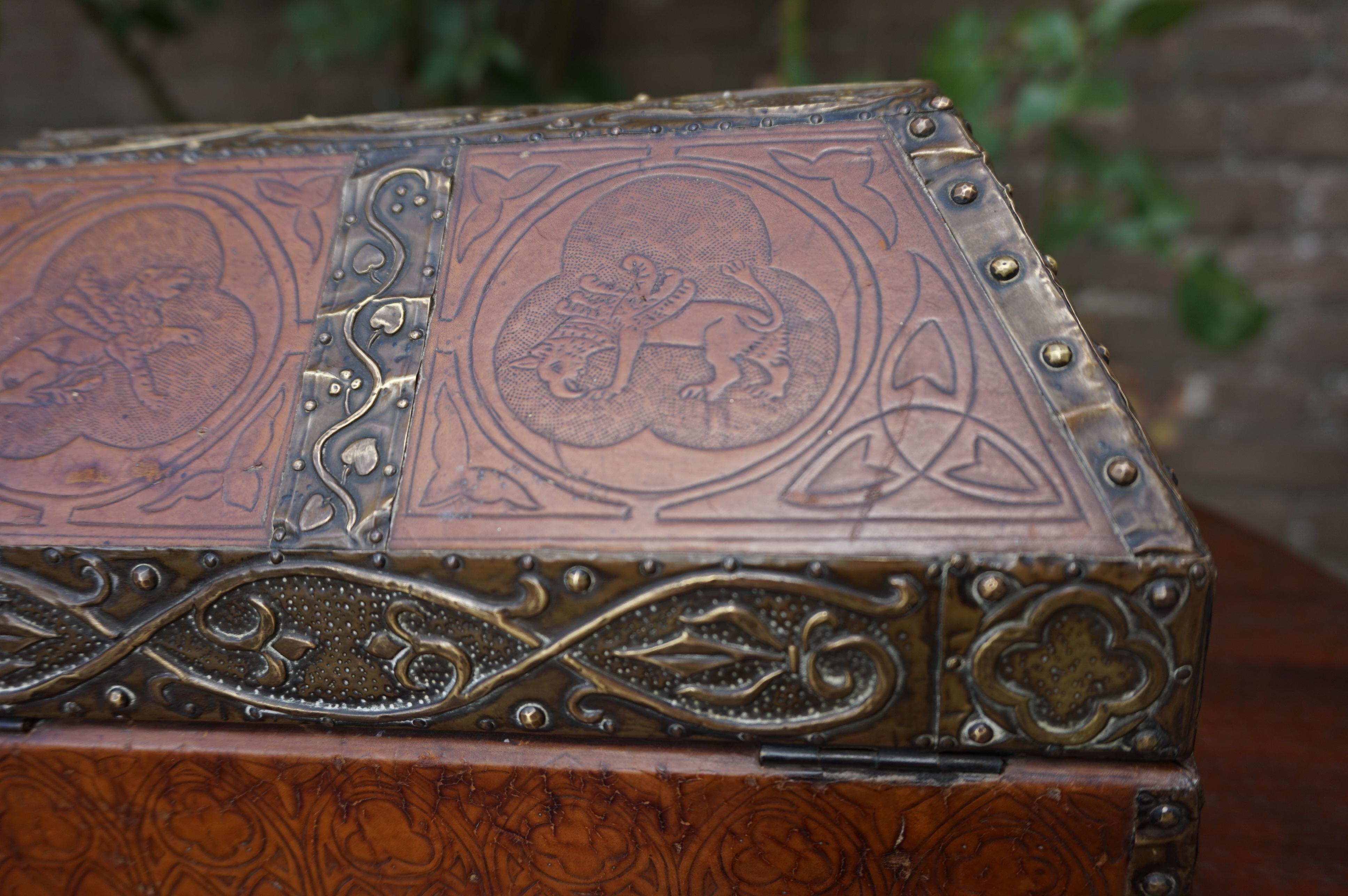 Antique Handcrafted Late 1800s Embossed Leather and Brass Gothic Revival Box 2