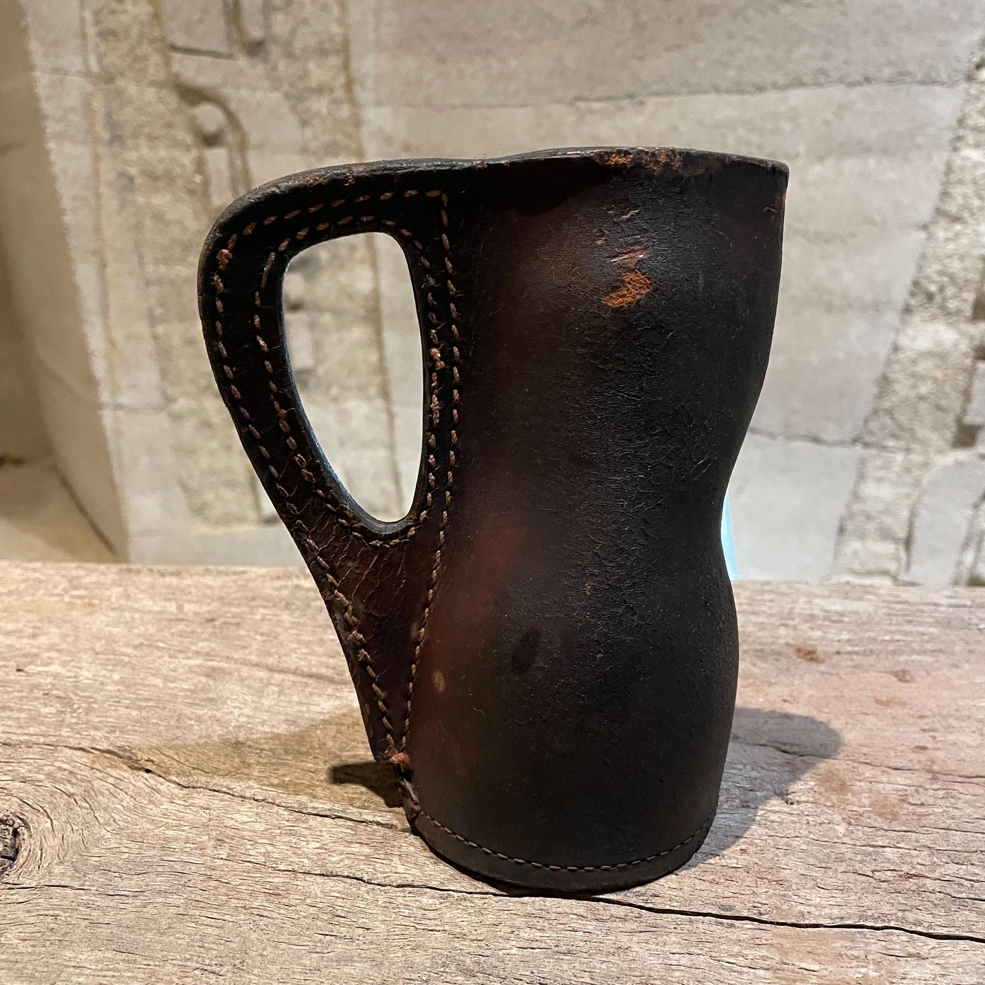 Victorian Antique Handcrafted Leather Blackjack Pitcher Jug Vessel in Contrast Stitching For Sale