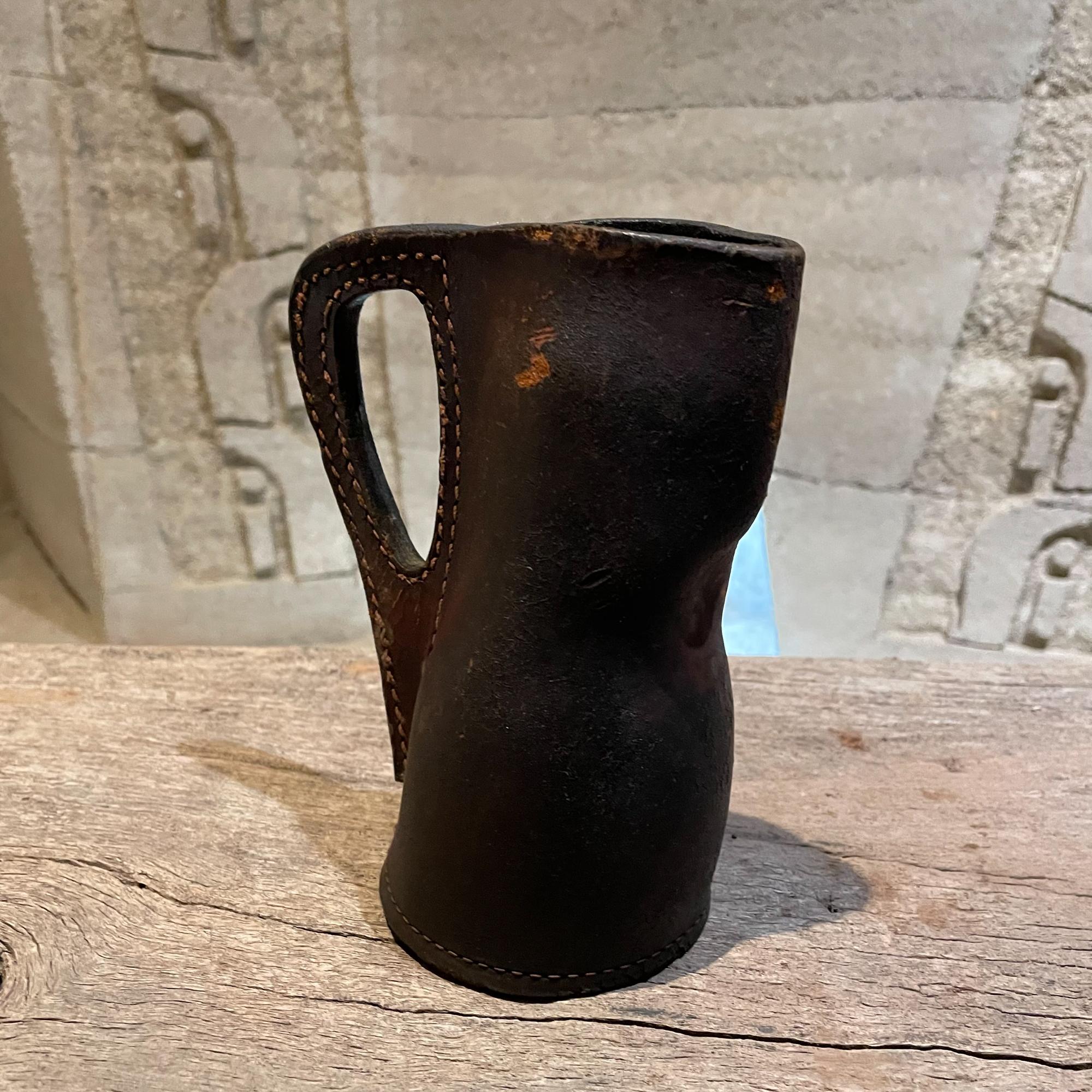 American Antique Handcrafted Leather Blackjack Pitcher Jug Vessel in Contrast Stitching For Sale