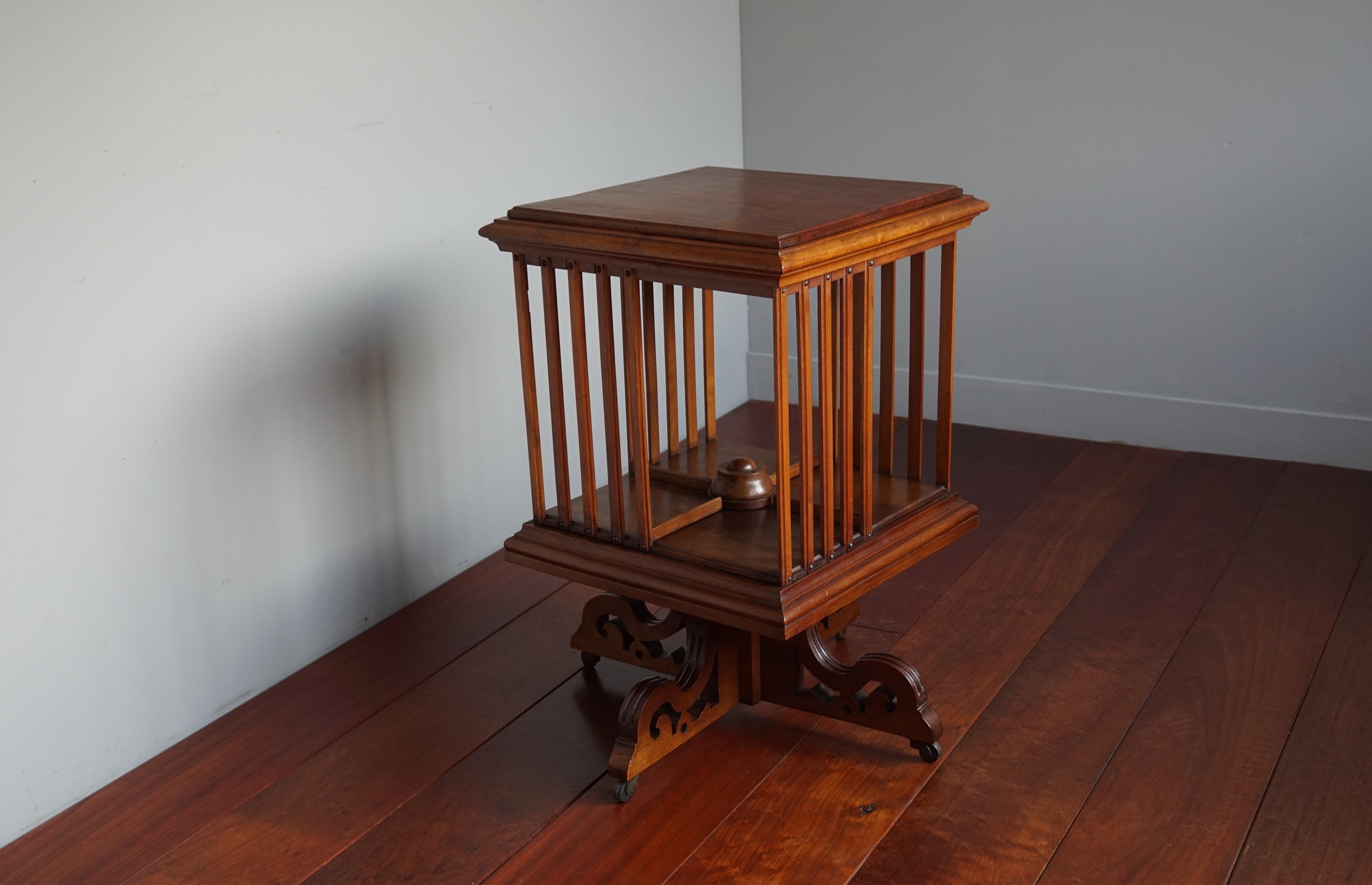 Antique Handcrafted Nutwood Revolving Bookcase w. Original Brass & Wooden Wheels 3
