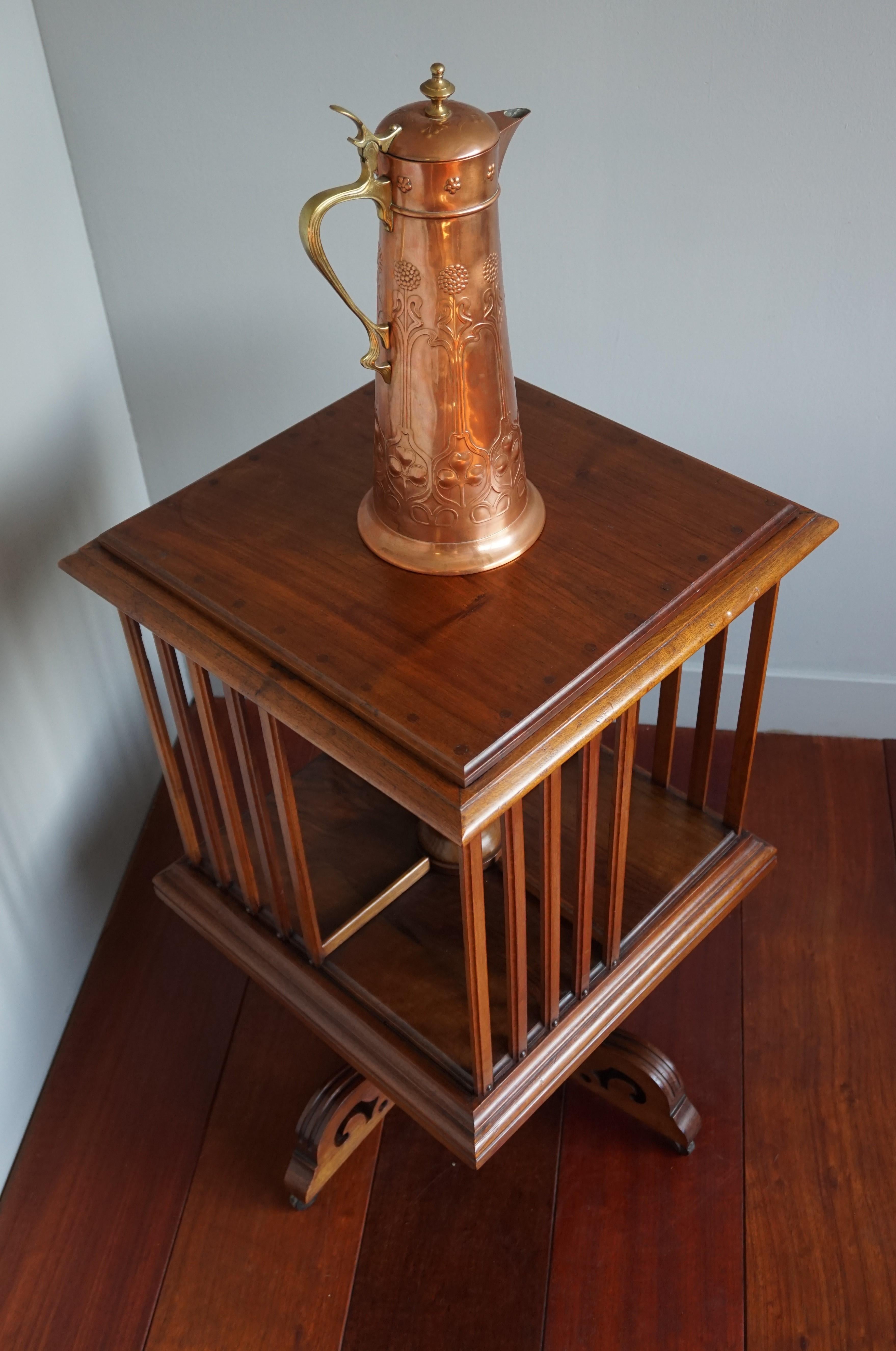 Antique Handcrafted Nutwood Revolving Bookcase w. Original Brass & Wooden Wheels 4