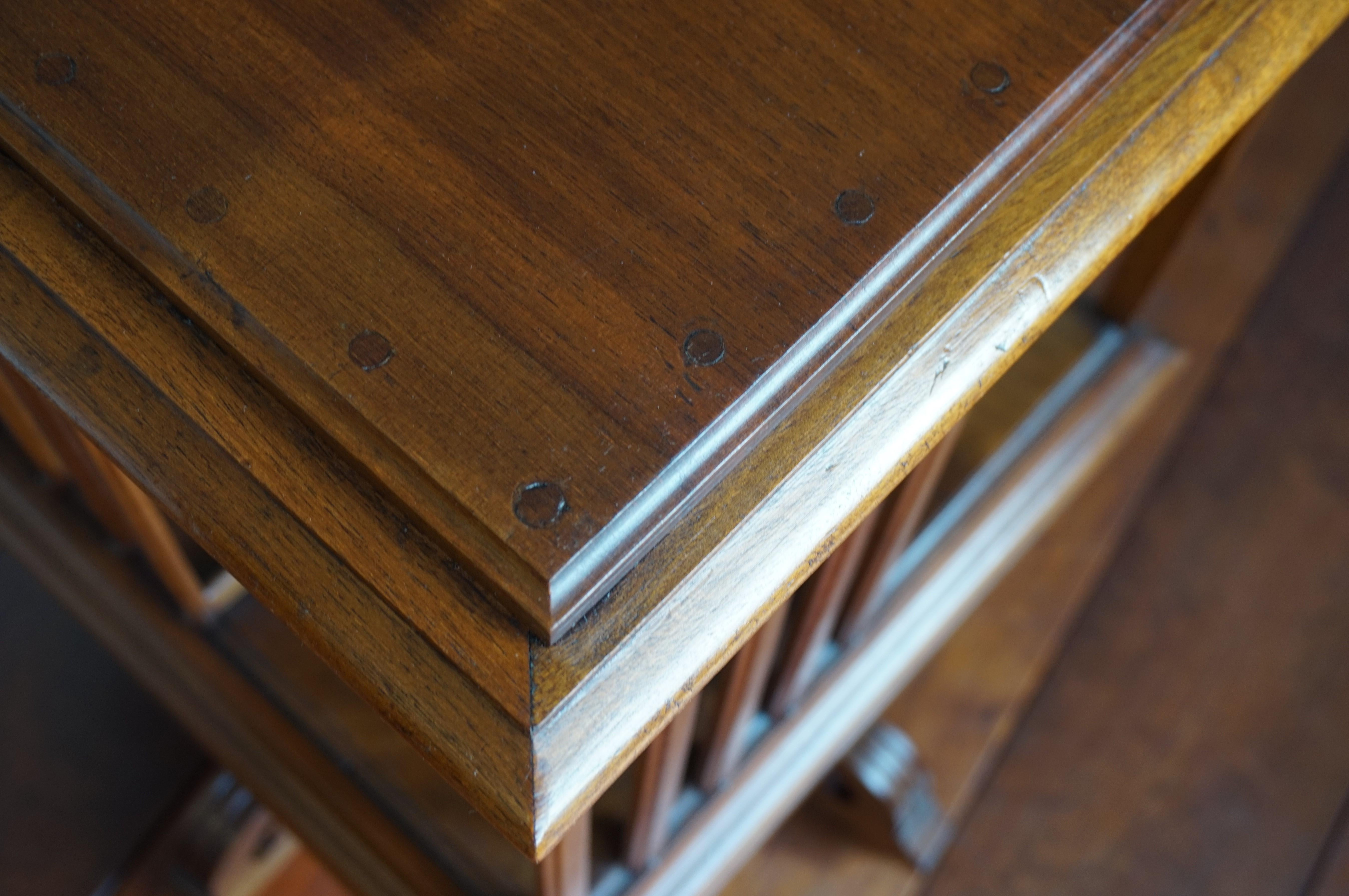 Antique Handcrafted Nutwood Revolving Bookcase w. Original Brass & Wooden Wheels 6