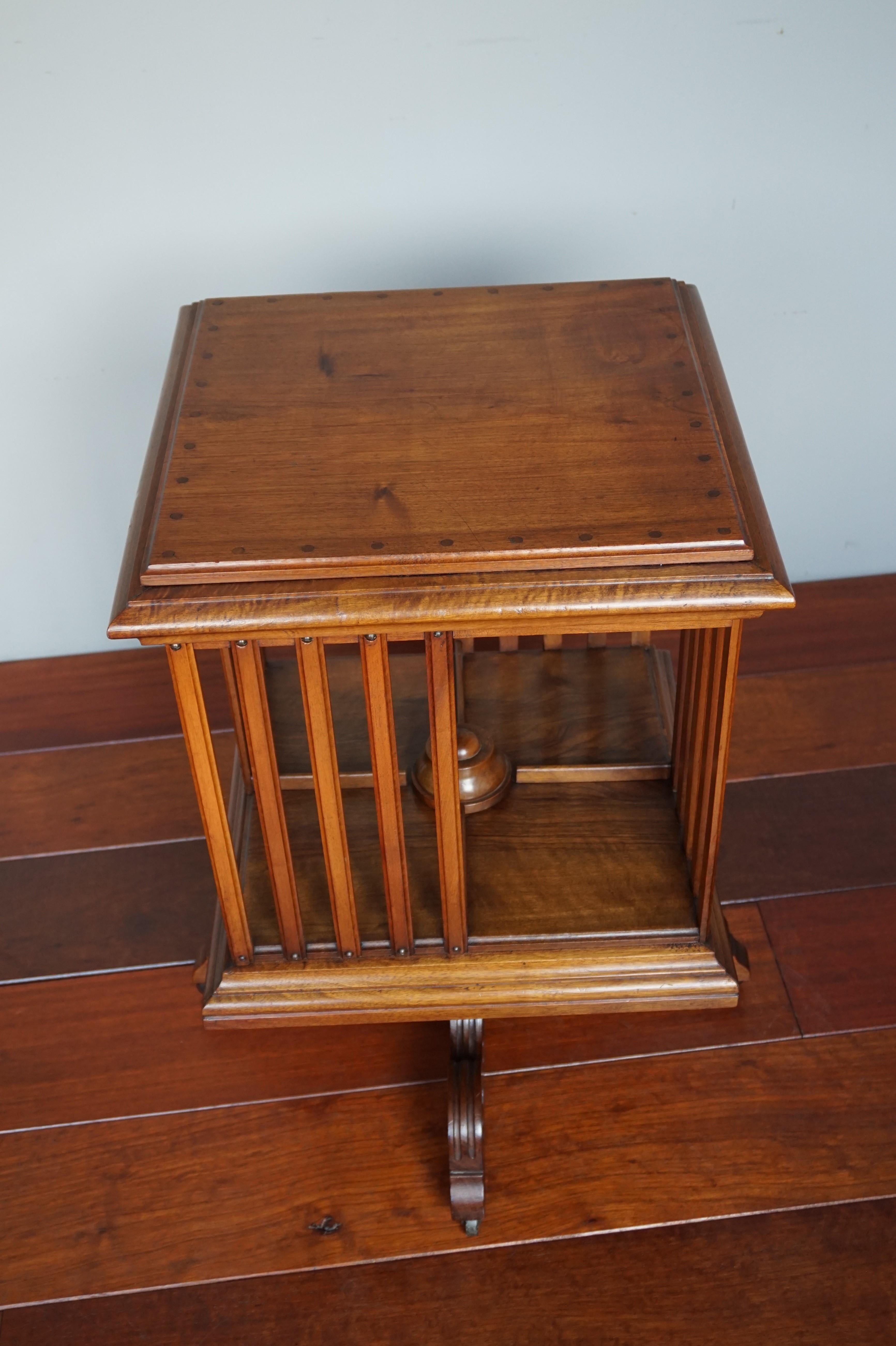 Antique Handcrafted Nutwood Revolving Bookcase w. Original Brass & Wooden Wheels 7