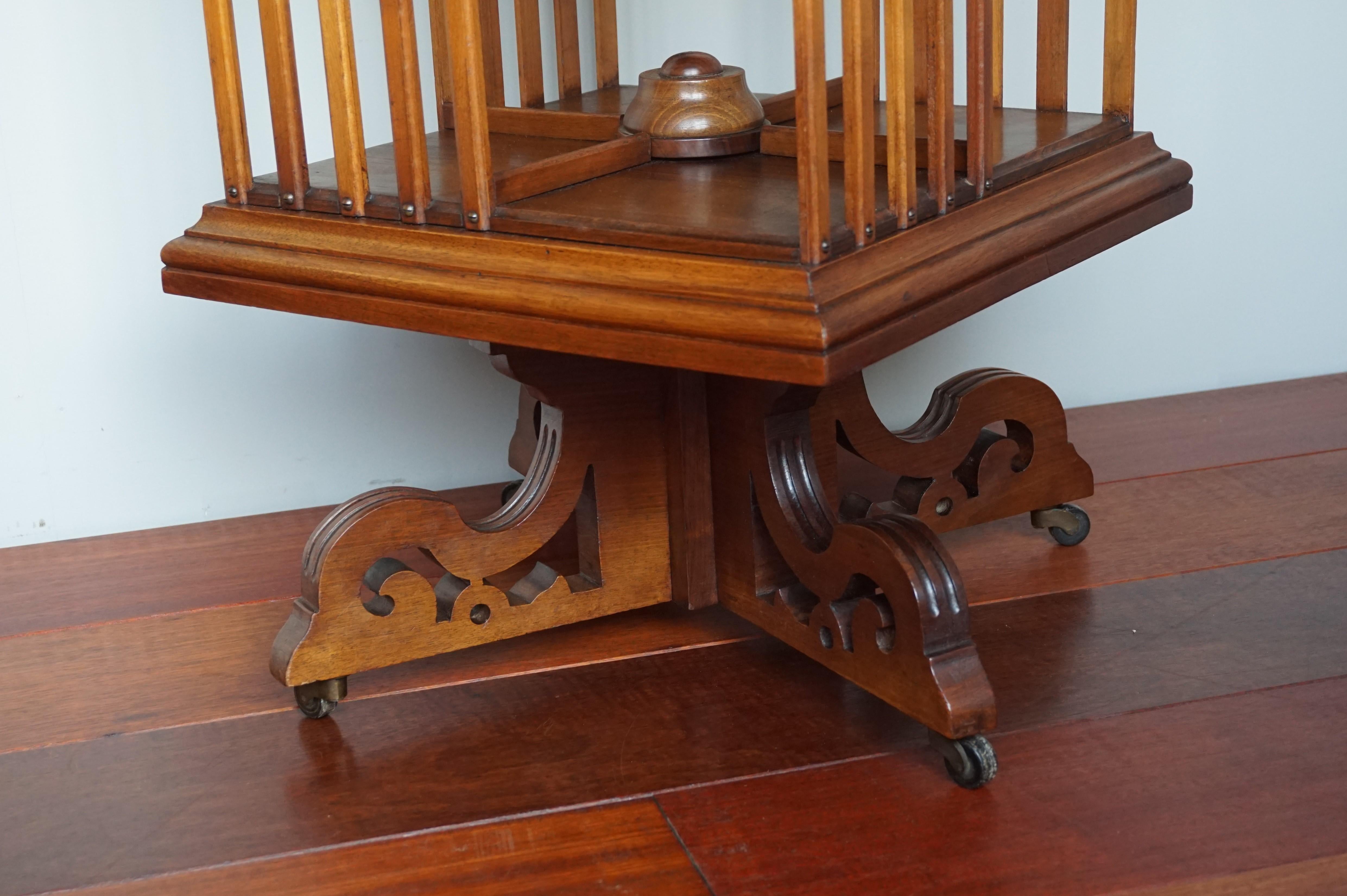 Antique Handcrafted Nutwood Revolving Bookcase w. Original Brass & Wooden Wheels 8