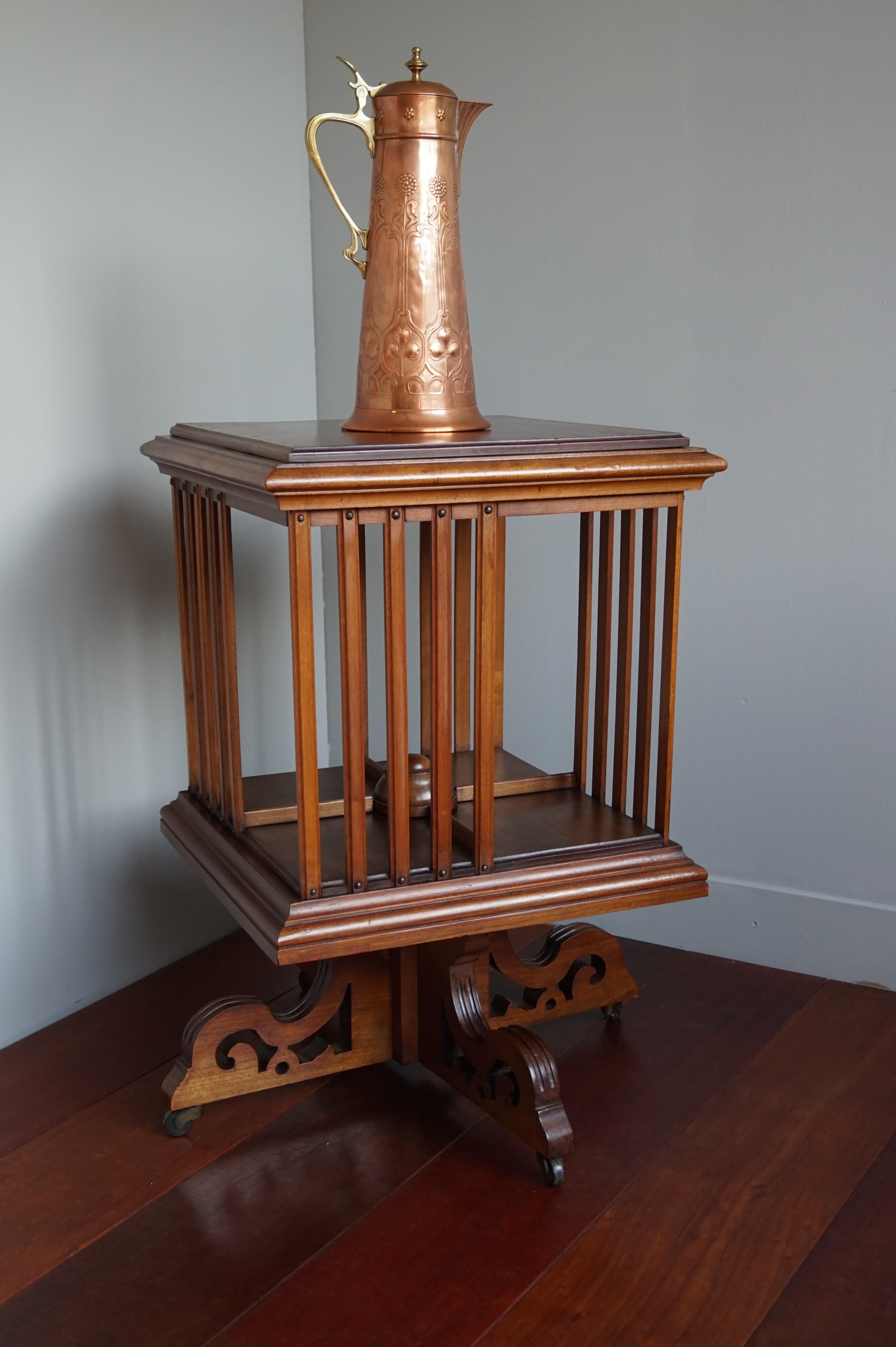Antique Handcrafted Nutwood Revolving Bookcase w. Original Brass & Wooden Wheels 9