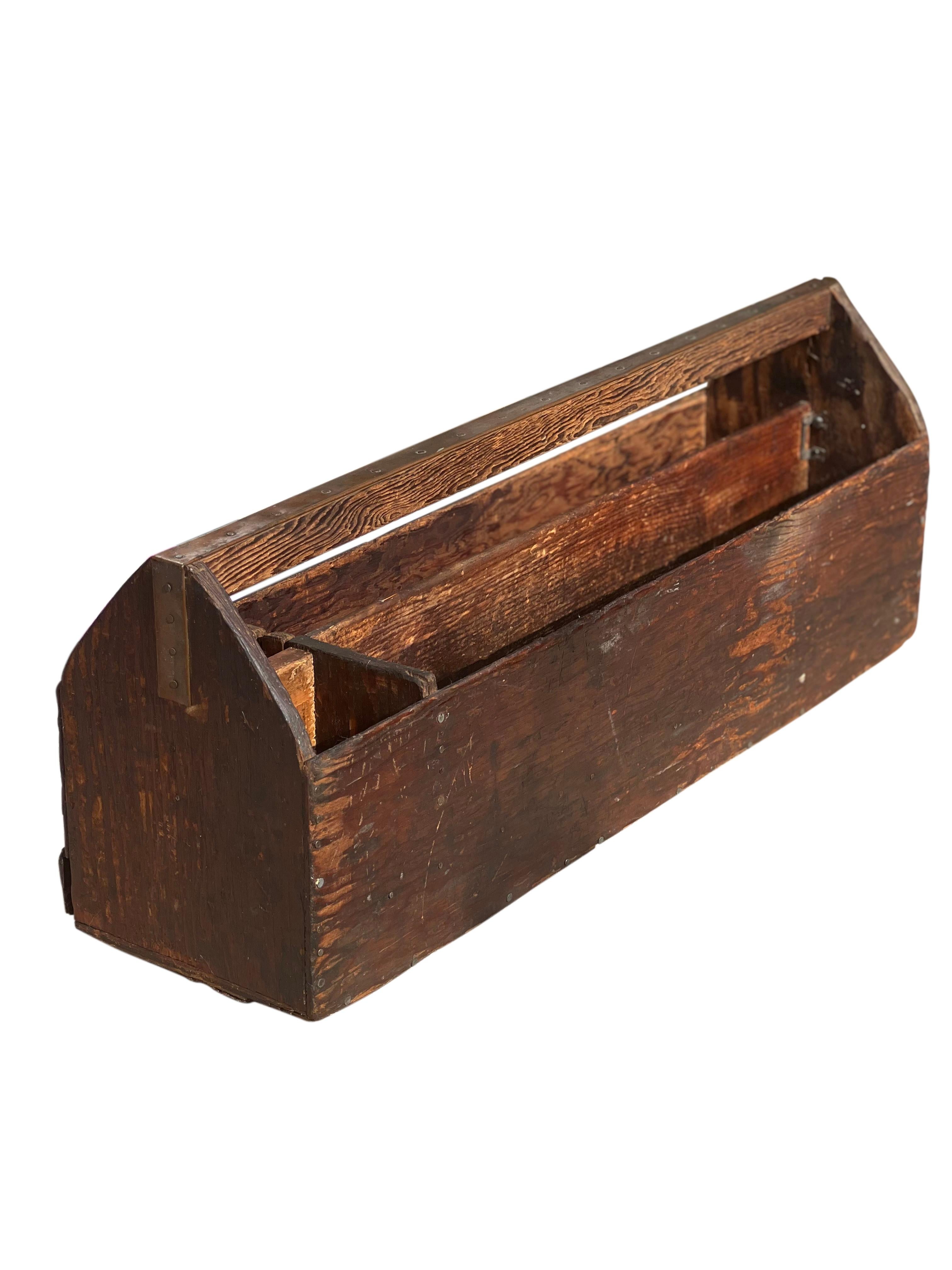 Antique Handcrafted Primitive Pine Tool Carrier or All-Purpose Caddy with Drawer In Good Condition For Sale In Doylestown, PA
