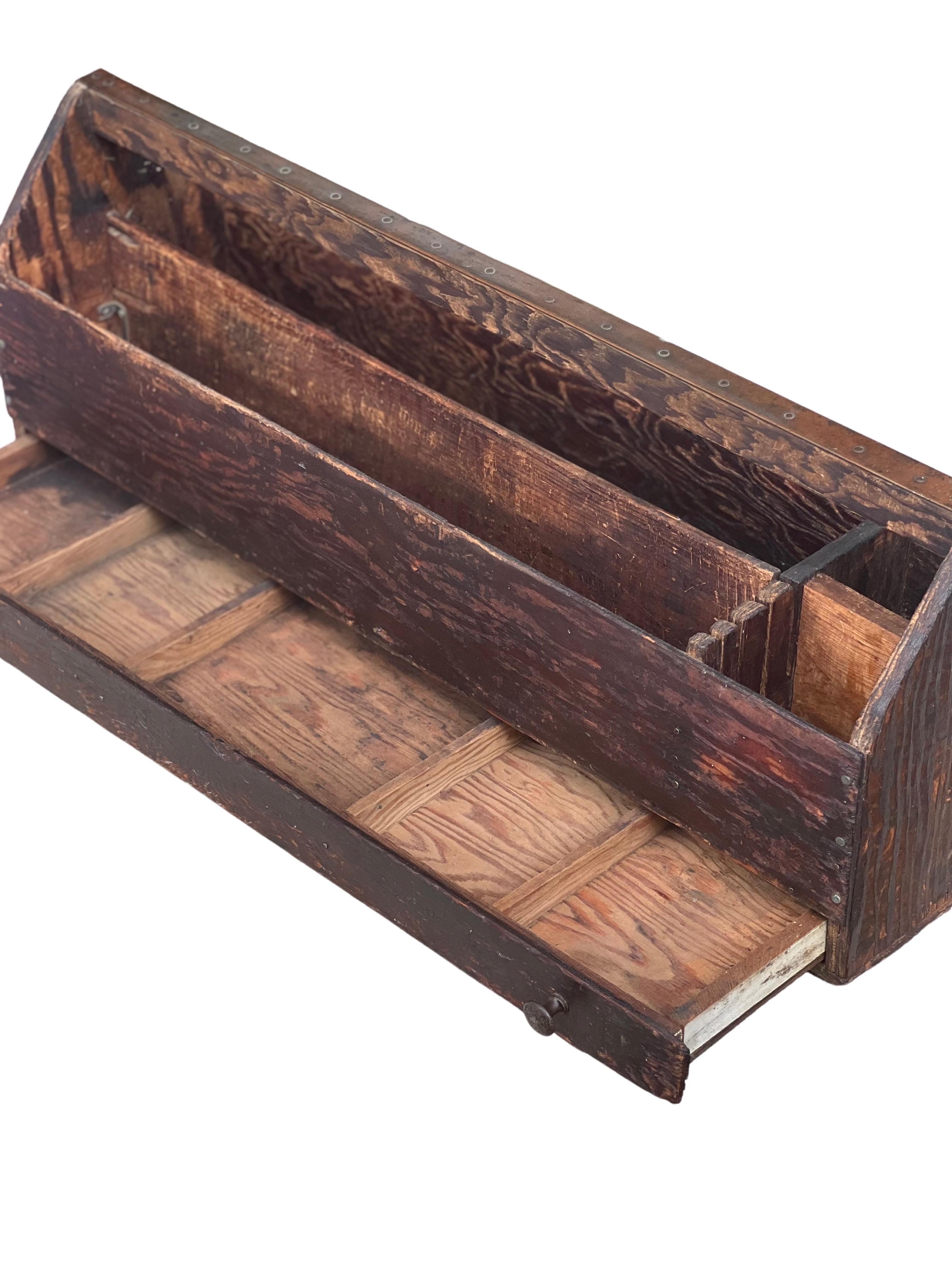 19th Century Antique Handcrafted Primitive Pine Tool Carrier or All-Purpose Caddy with Drawer For Sale